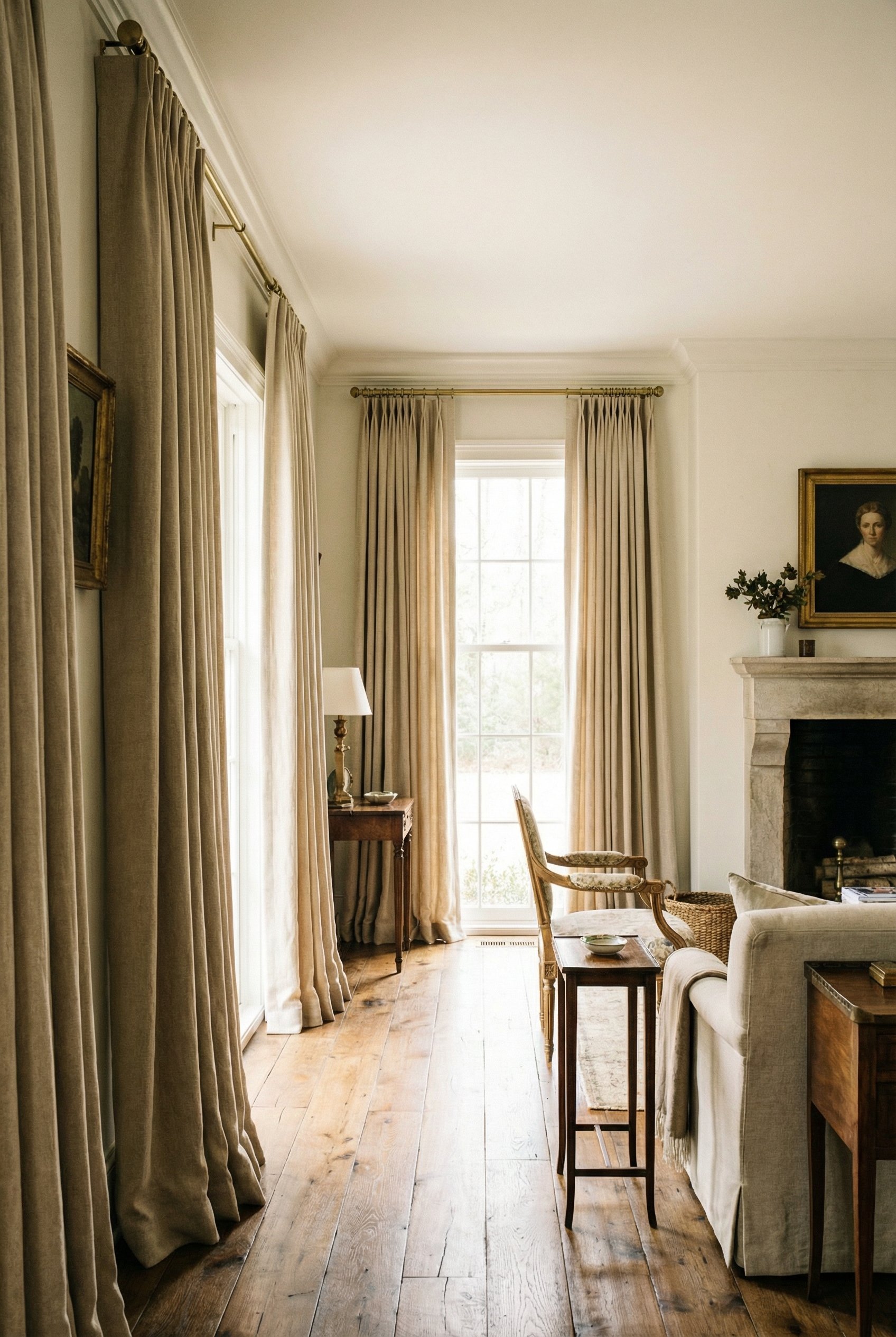 Photorealistic interior photo. Heavy, tailored pinch-pleat drapes in a warm oatmeal linen, hung high near the ceiling on a brass rod, pooling slightly on a hardwood floor. Bright natural light, wide c