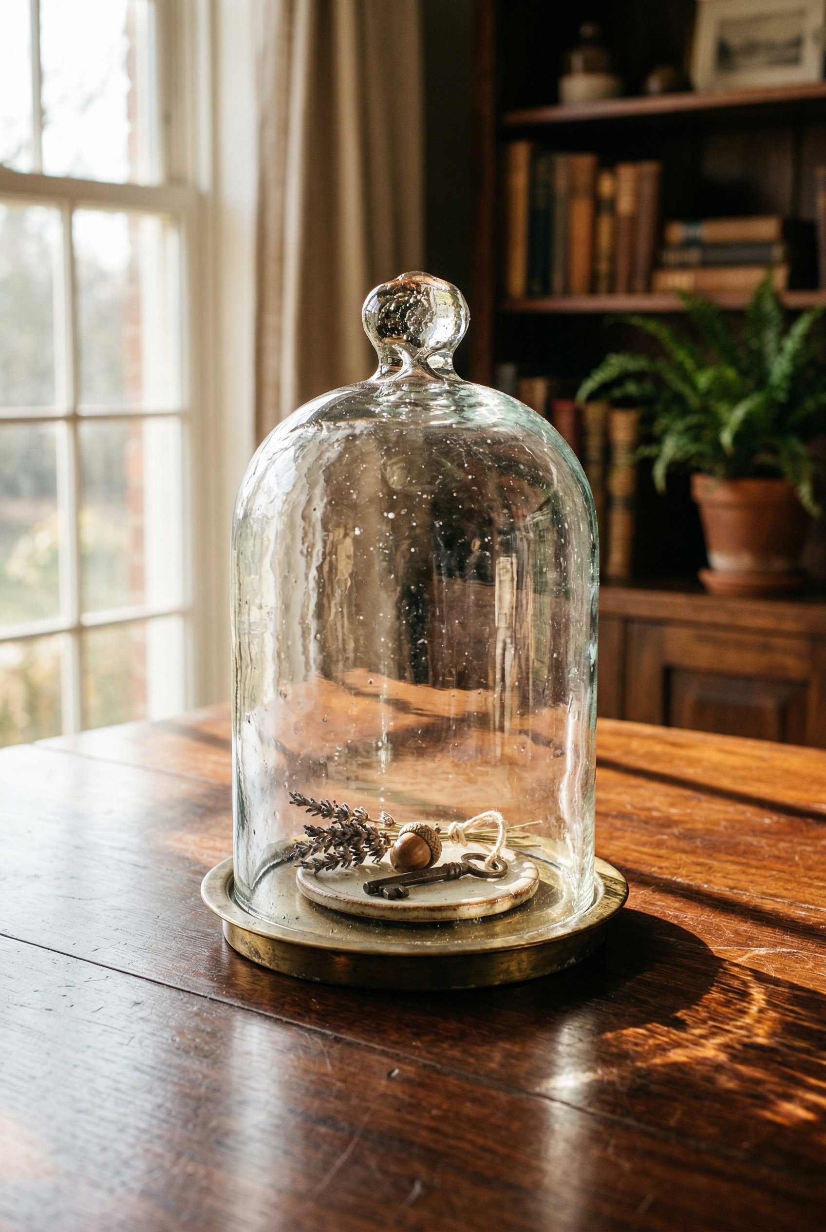 Photorealistic interior photo. Heavy, thick hand-blown antique glass cloche with slight light distortion, resting on a mahogany table, warm afternoon sunlight casting long shadows, eye-level camera an