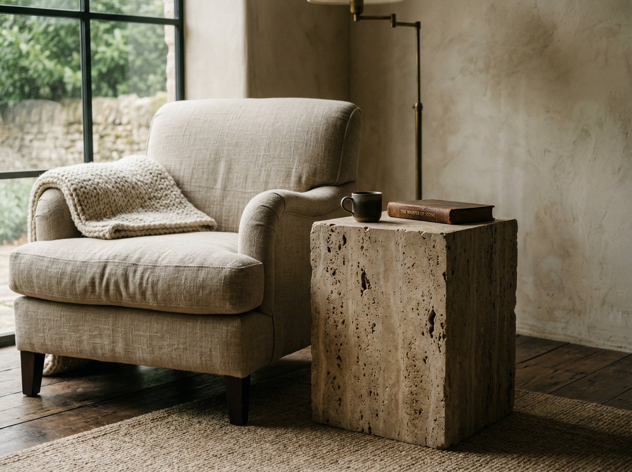 Photorealistic interior photo. Heavy, unpolished travertine block side table next to a linen armchair, detailed porous stone texture, soft dramatic lighting. Editorial photography style, no people vis