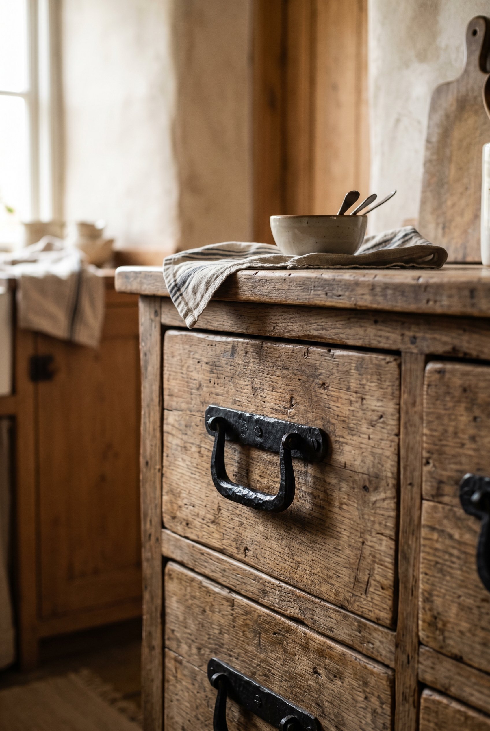 Photorealistic interior photo. Heavy wrought iron black cabinet hardware against rustic reclaimed wood kitchen drawers. Close-up macro shot, dramatic natural lighting. Editorial photography style, no 