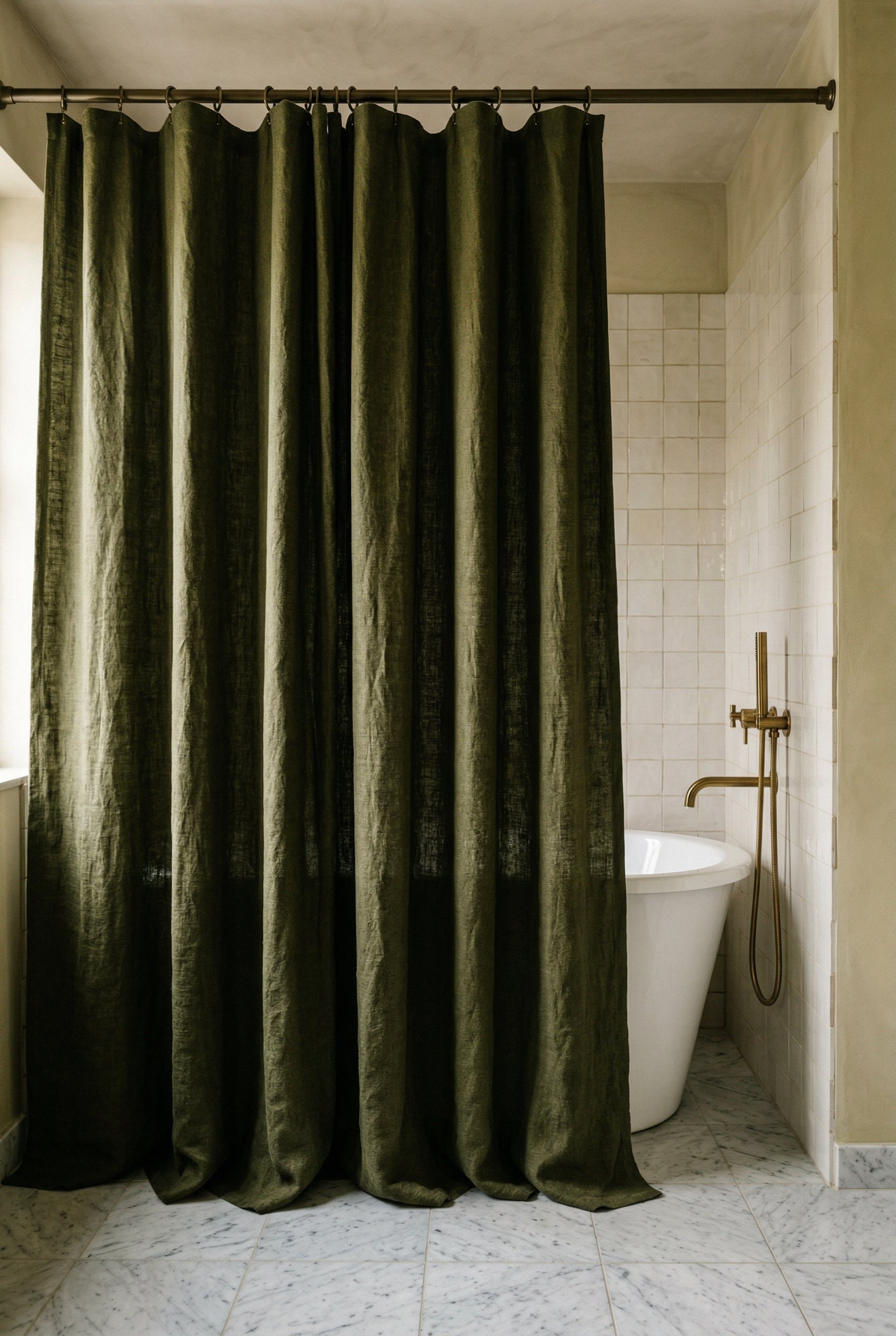 Photorealistic interior photo. Heavyweight dark olive green linen shower curtain hanging from a rod close to the ceiling. Rich fabric texture. Editorial photography style, vertical framing, no people 