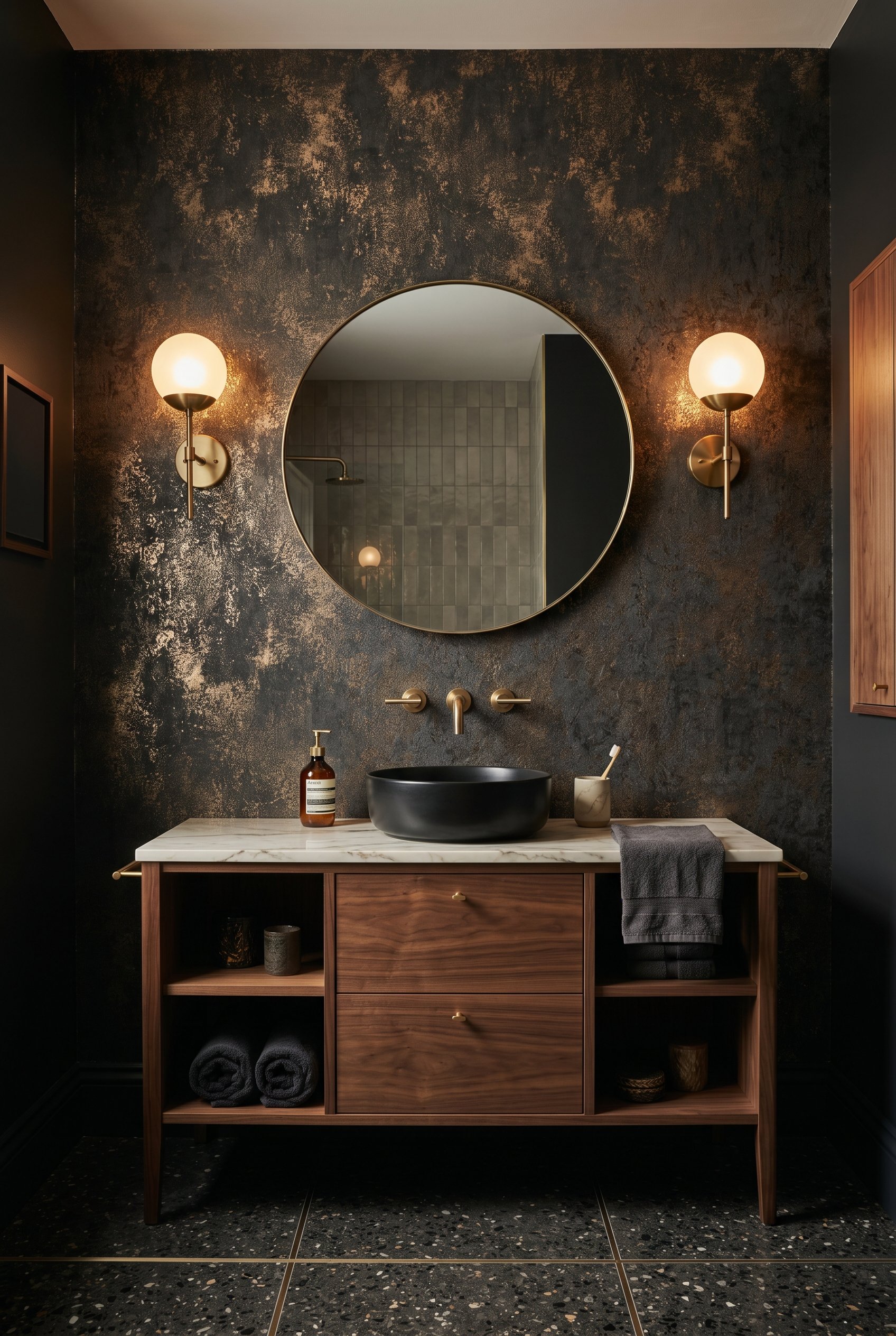 Photorealistic interior photo. High-end bathroom vanity wall featuring dark, dramatic metallic foil accent wallpaper, brass sconce, rich ambient lighting, straight-on medium shot. Editorial photograph