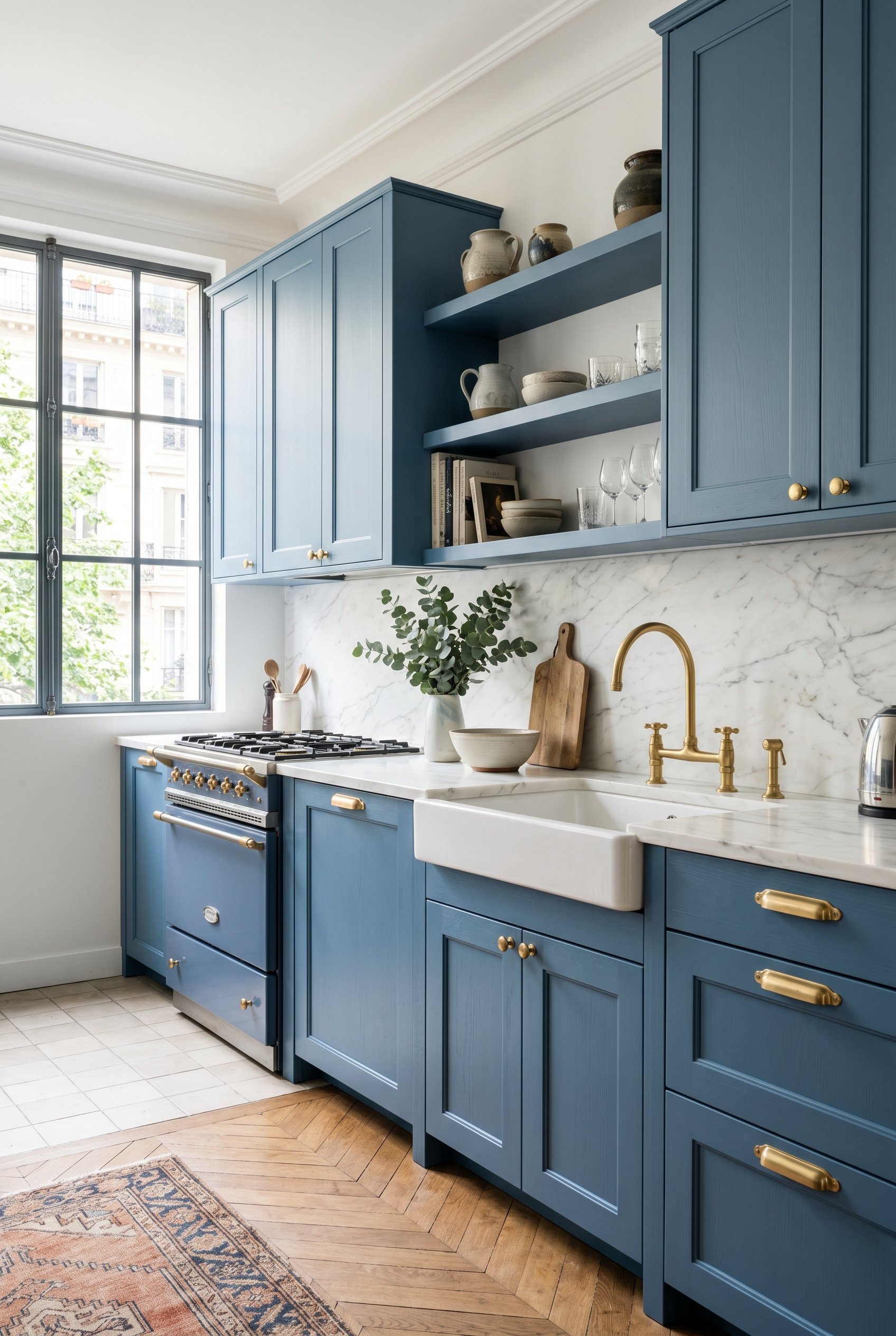 Photorealistic interior photo. High-end refaced IKEA kitchen cabinets painted French blue. Premium brass hardware, luxury editorial style, bright lighting.