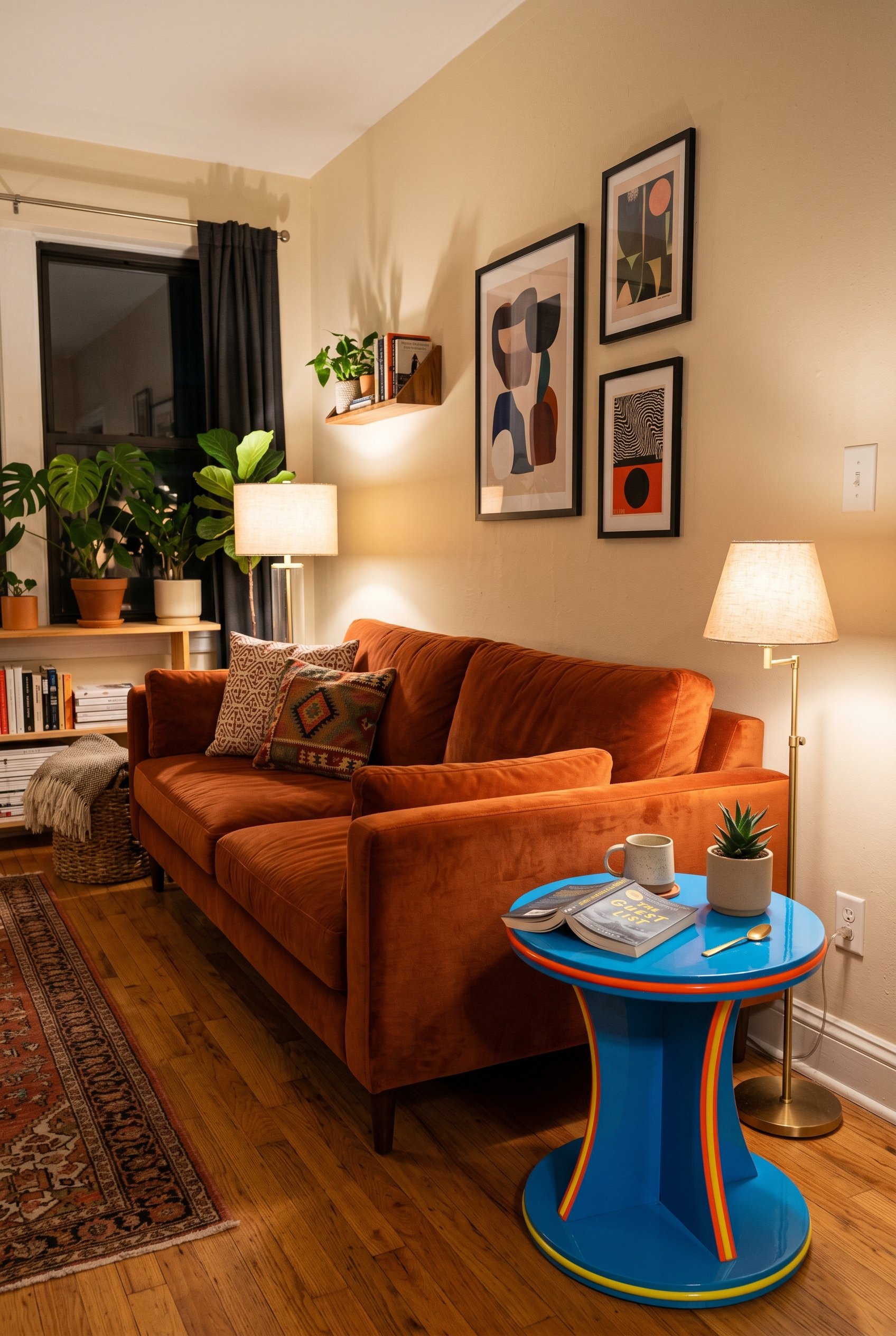 Photorealistic interior photo. High-end rust orange velvet sofa paired with an eclectic, brightly painted glossy neon side table, warm ambient lighting, 45-degree camera angle. Editorial photography s