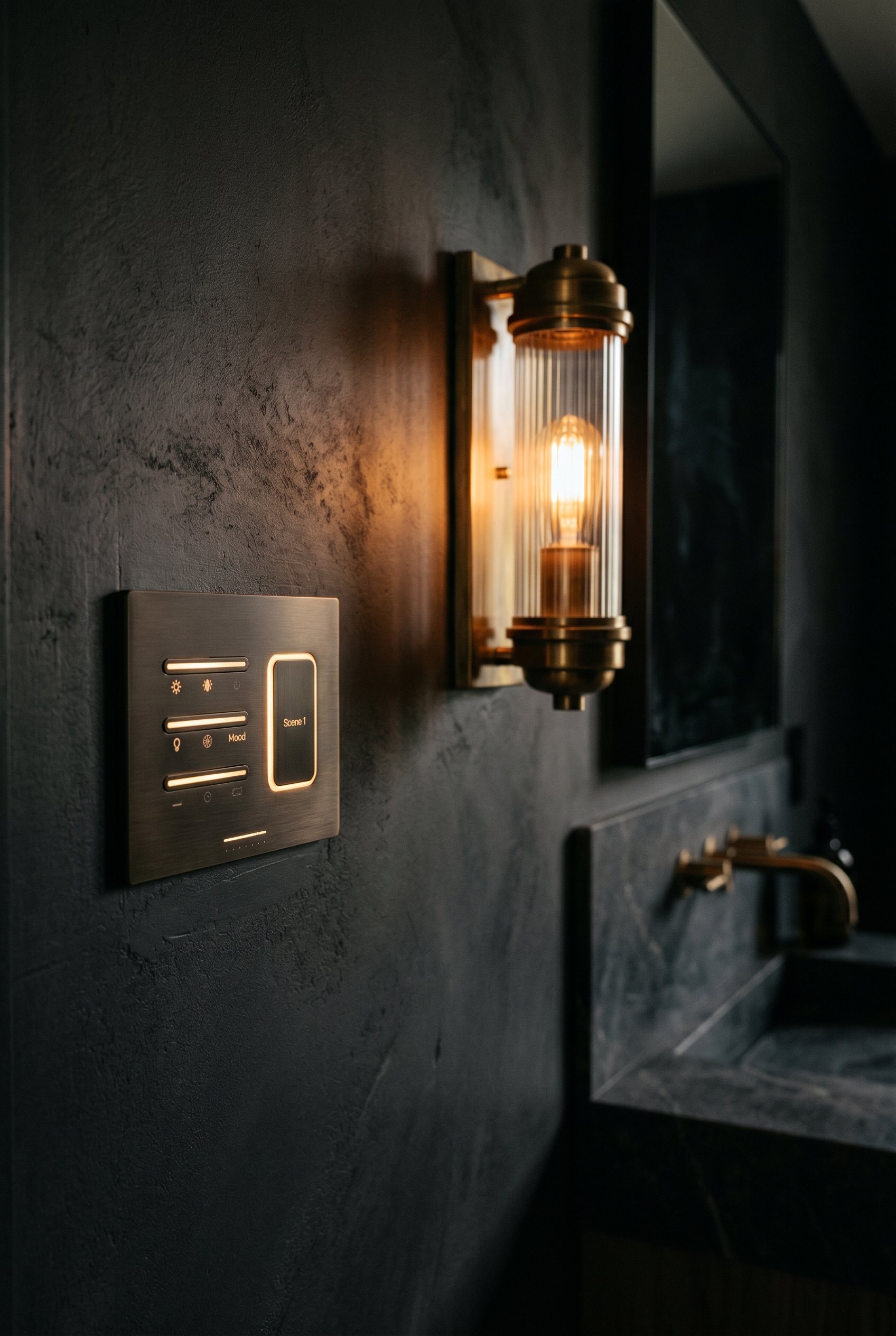 Photorealistic interior photo. High-end smart home bathroom switch plate beside a glowing brass wall sconce, dark moody wall, soft dim ambient light, close up angled shot. Editorial photography style,