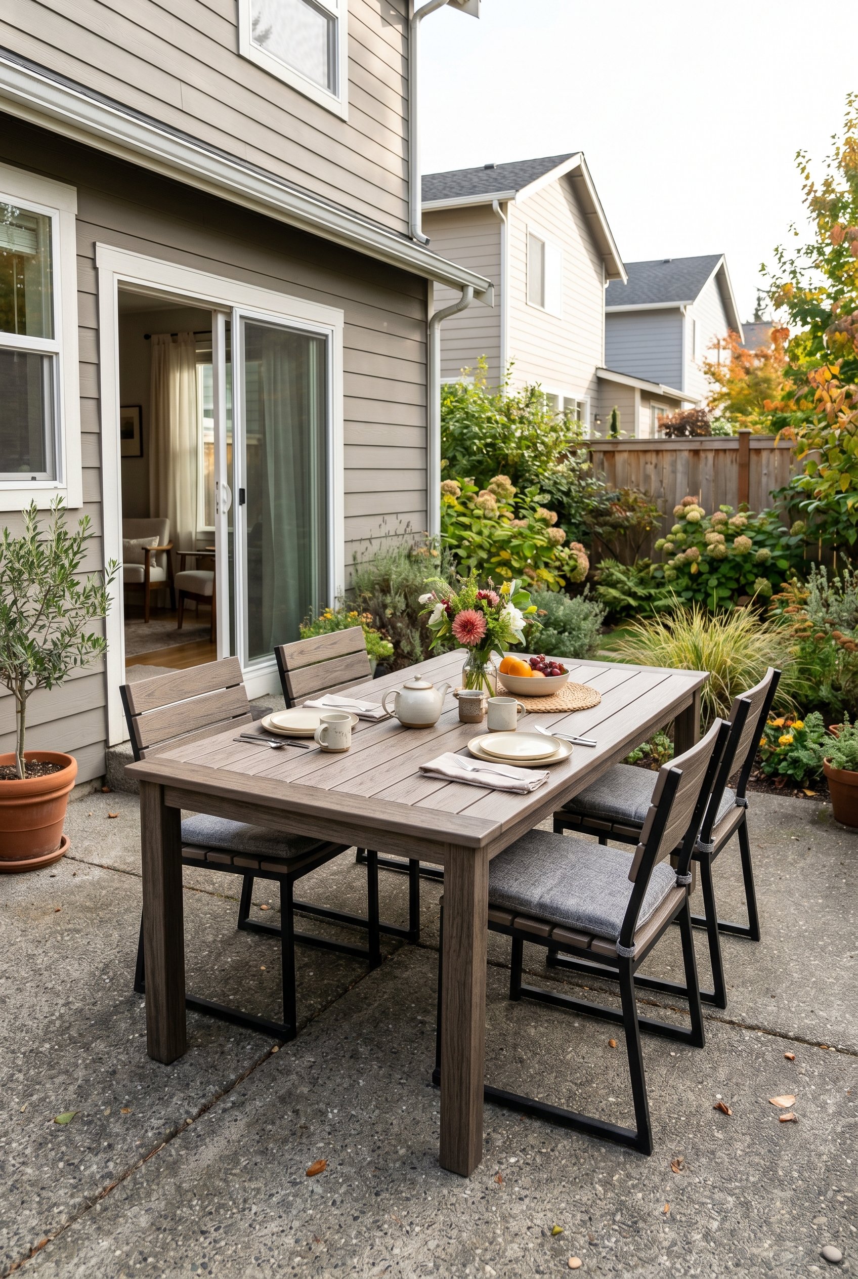 Photorealistic interior photo. High-quality heavy recycled plastic outdoor dining table in a realistic wood grain finish. Placed on a concrete patio. Bright, crisp morning lighting. Editorial photogra