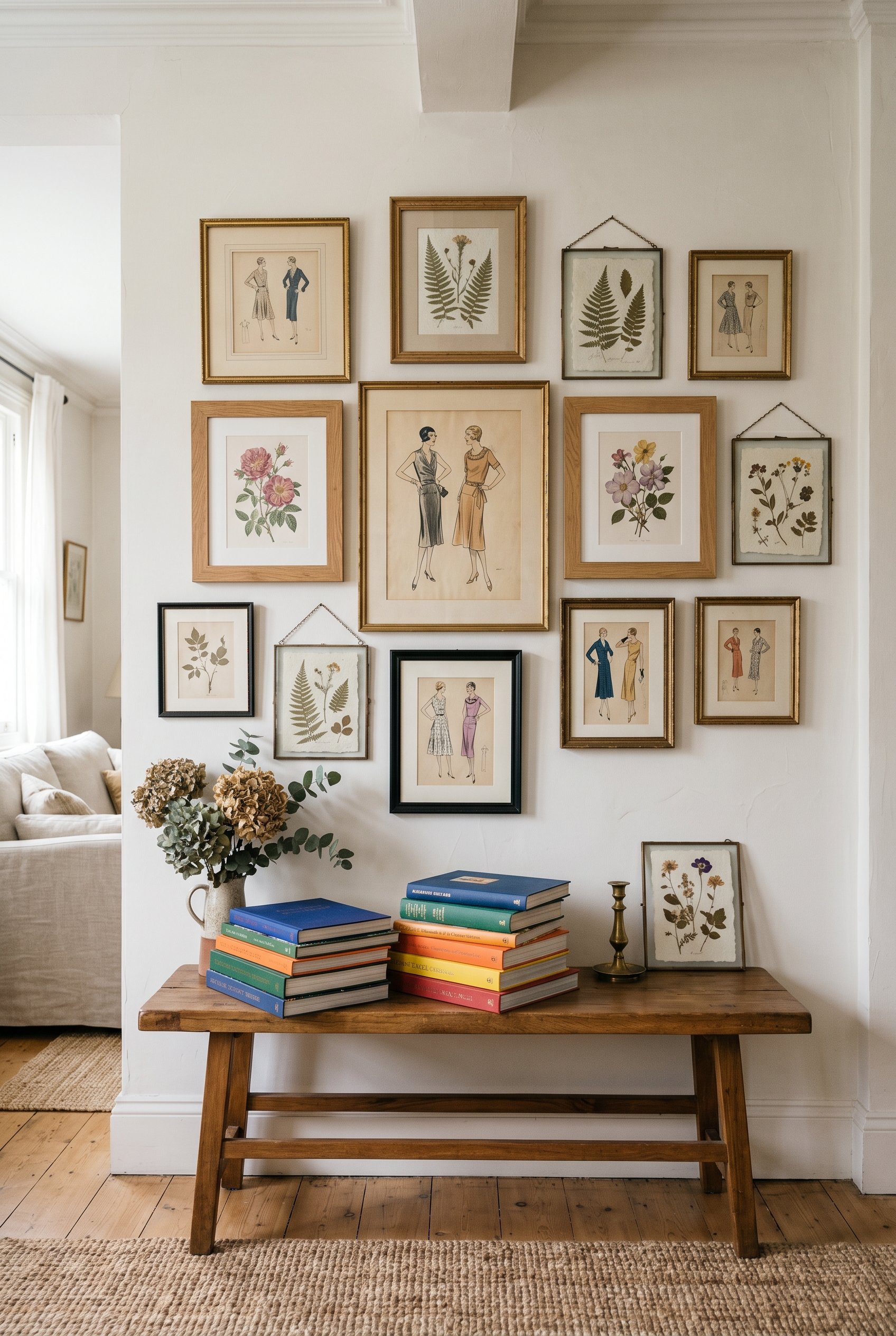 Photorealistic interior photo. Highly curated gallery wall with vintage fashion sketches and pressed botanicals, stacked colorful coffee table books below, natural lighting, straight-on camera angle. 