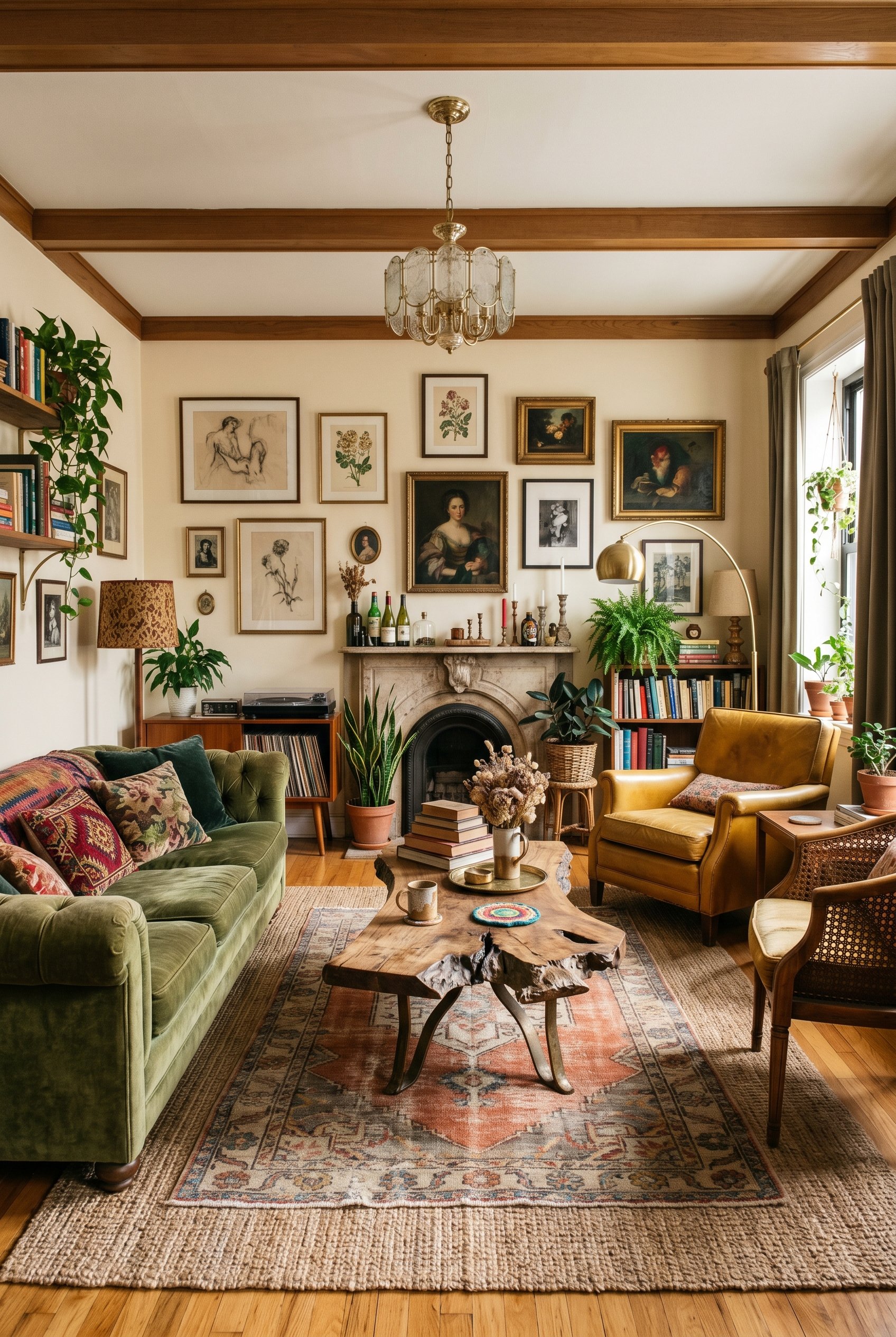Photorealistic interior photo. Highly eclectic living room featuring mismatched vintage furniture, a quirky sculptural coffee table, layered lighting, warm and inviting atmosphere, wide straight-on an