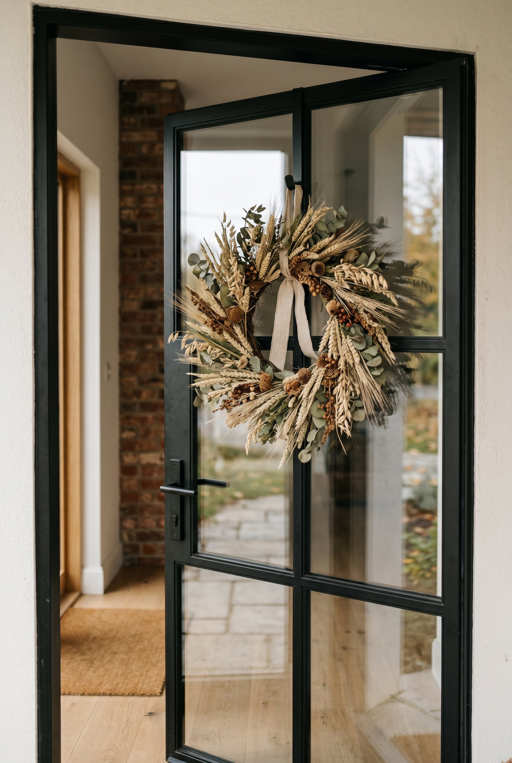 Photorealistic interior photo. Highly realistic faux dried wheat wreath hanging on a minimalist glass and black metal front door. Crisp daylight, close up on wreath details, editorial photography styl
