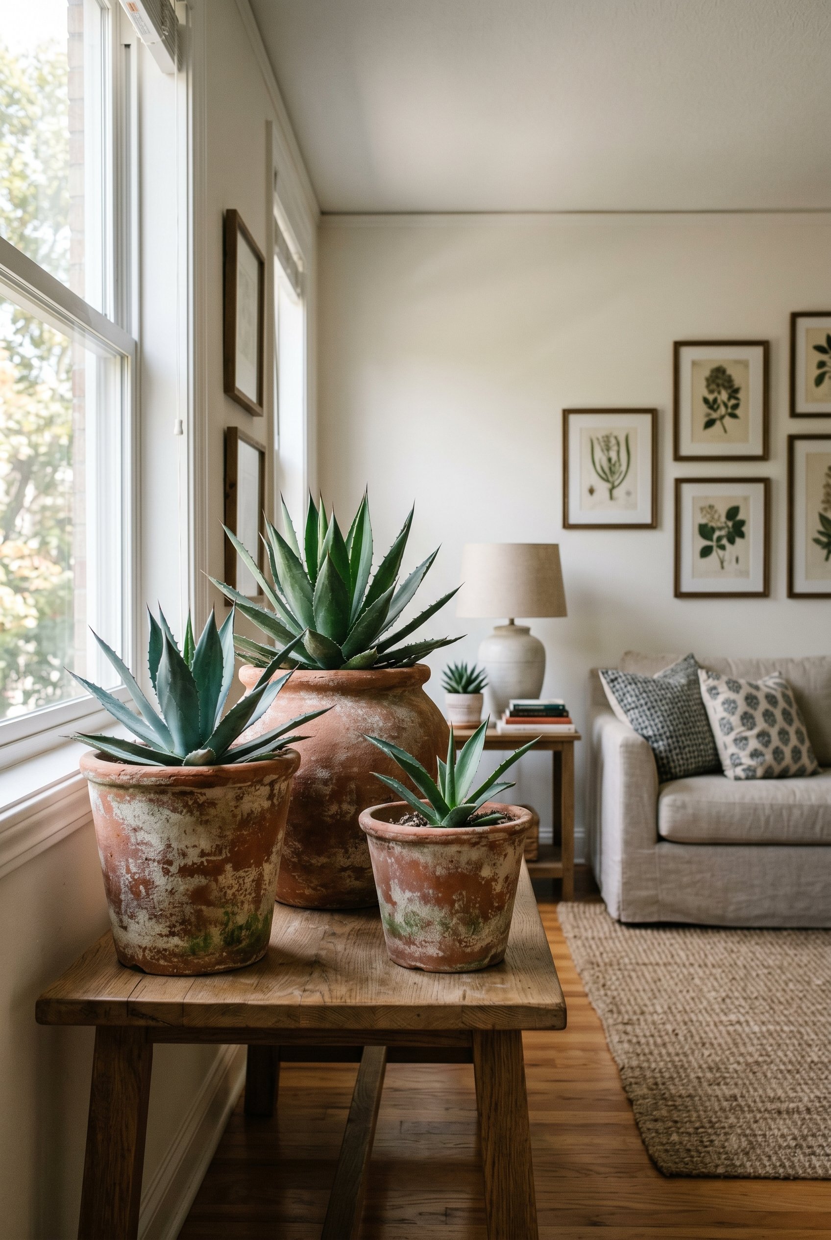 Photorealistic interior photo. Highly textured, artificially aged terra cotta planters with dry-brushed white and green patina, holding agave plants. Soft directional lighting, eye-level shot. Editori