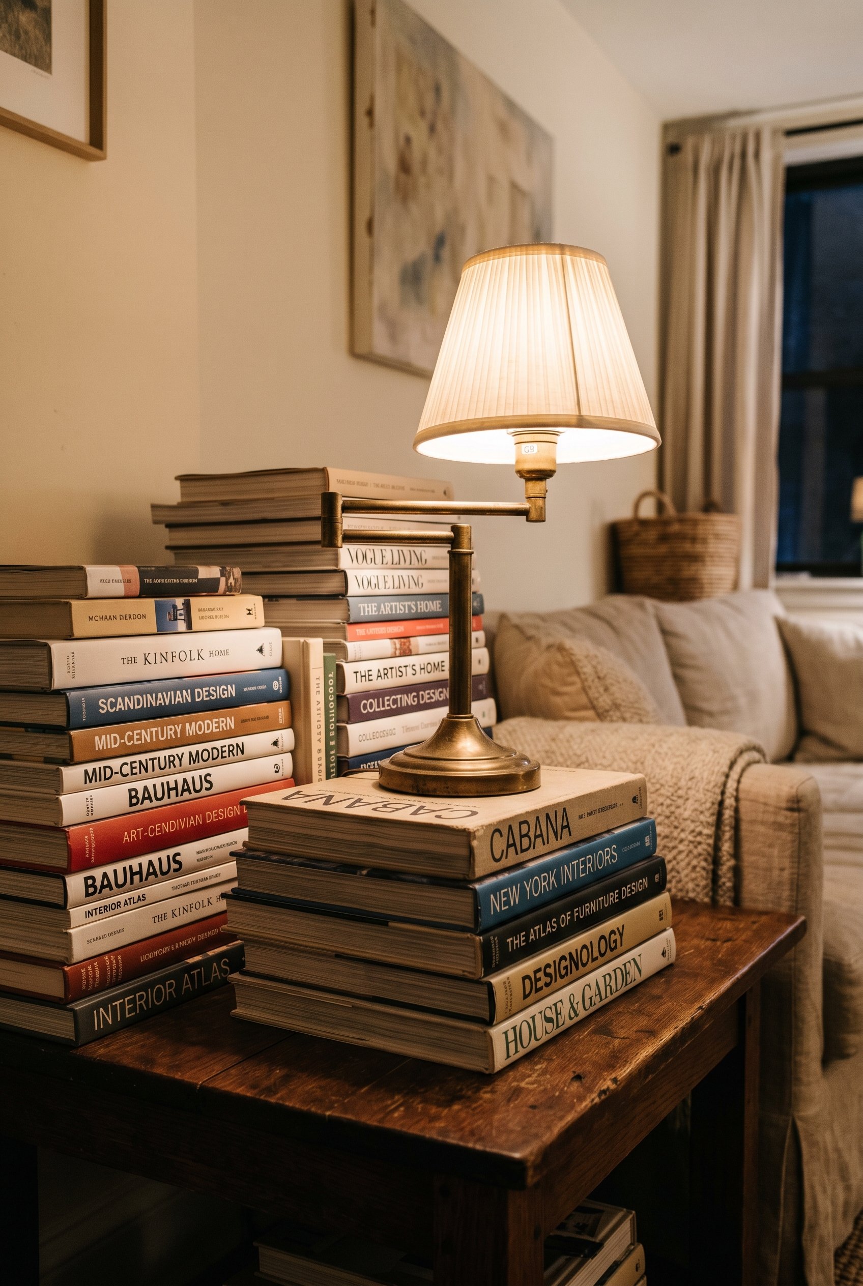 Photorealistic interior photo. Horizontal and vertical stacks of art and design books on a dark wood table, a quirky brass lamp resting on one of the horizontal stacks, warm low lighting, close-up ang