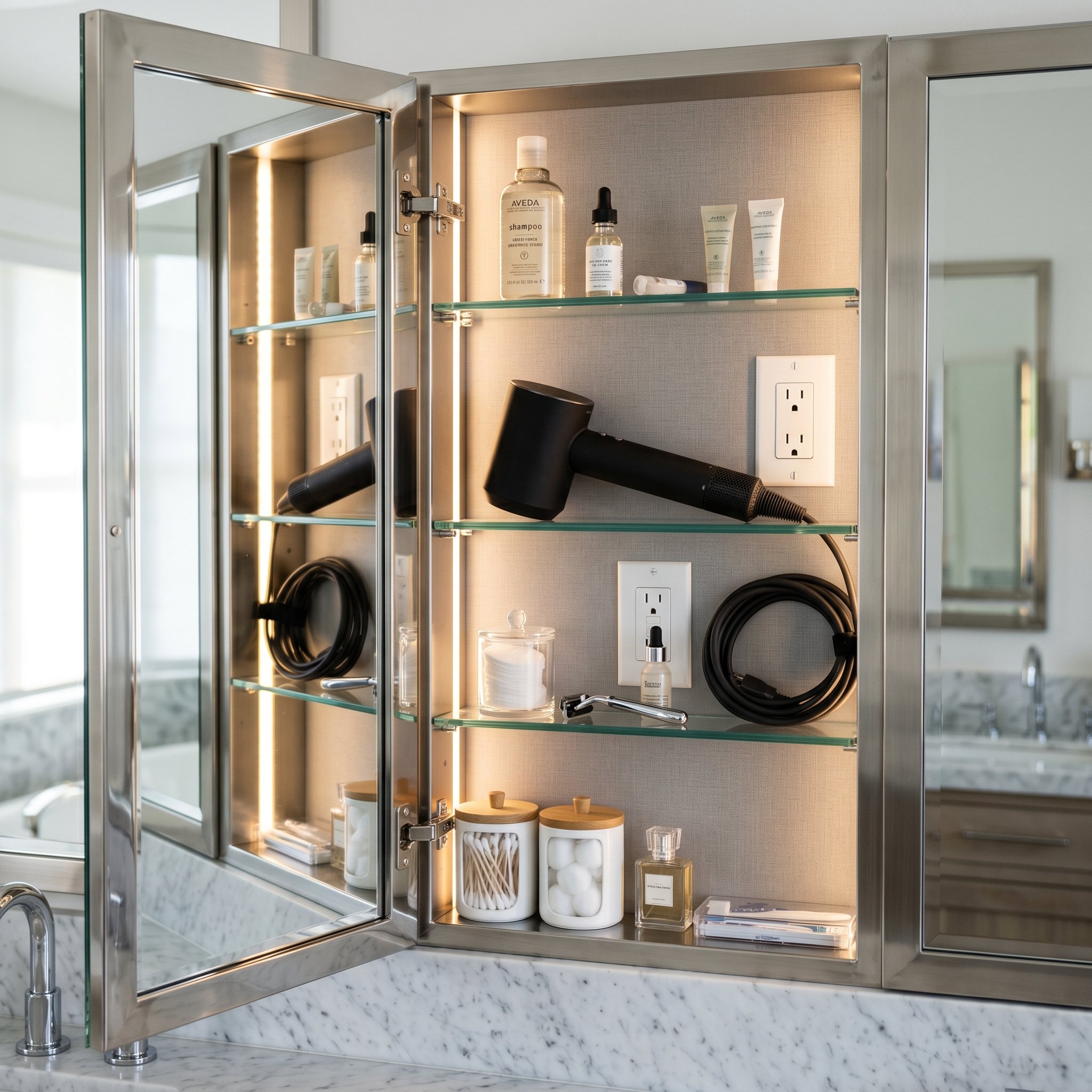 Photorealistic interior photo. Inside of a luxury mirrored medicine cabinet opened slightly, showing a hidden electrical outlet with a neat hair dryer cord, organized glass shelves, bright internal LE