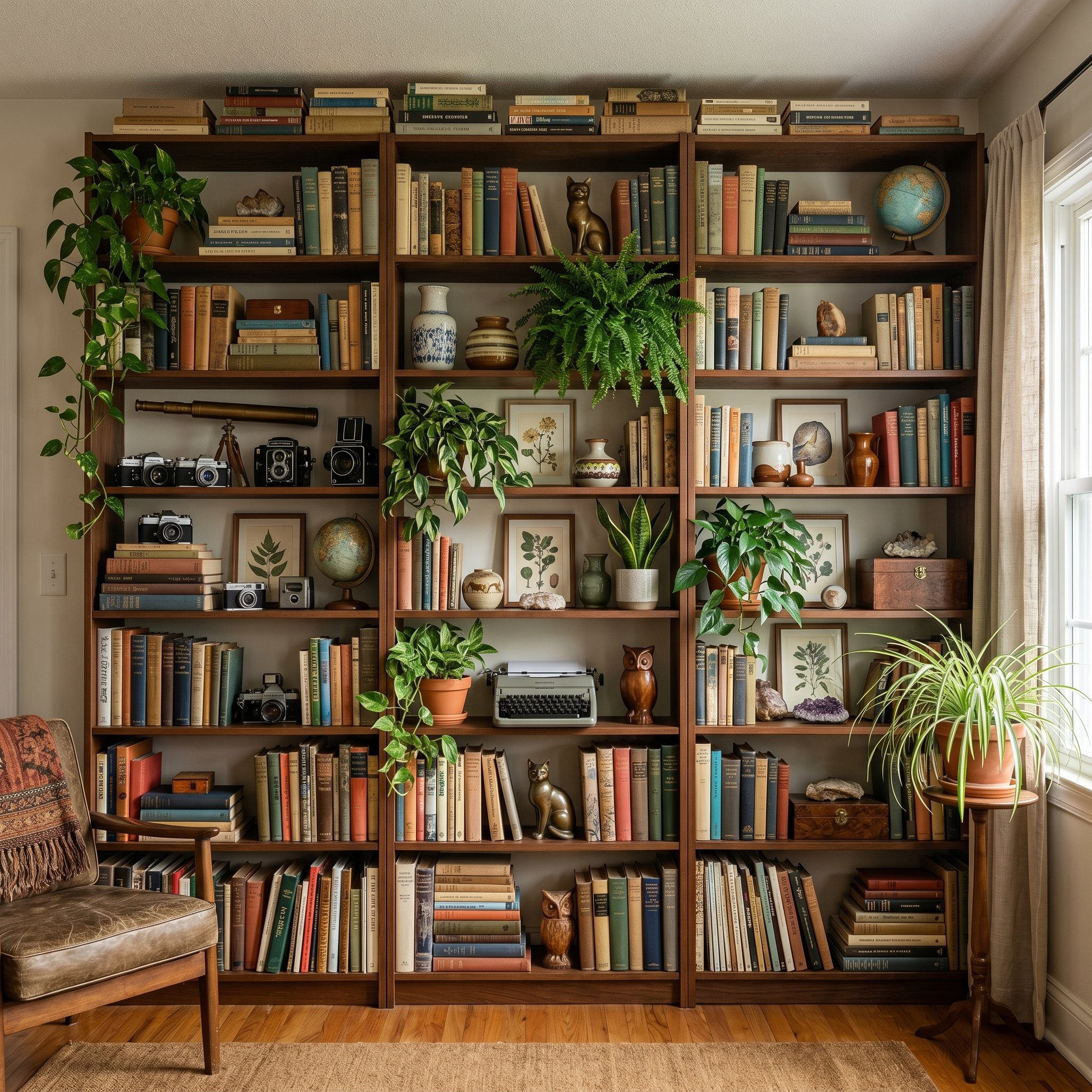 Photorealistic interior photo. Intentionally styled maximalist bookshelf with deliberate clusters of vintage objects and plants, very organized but visually dense, soft natural lighting, straight-on a