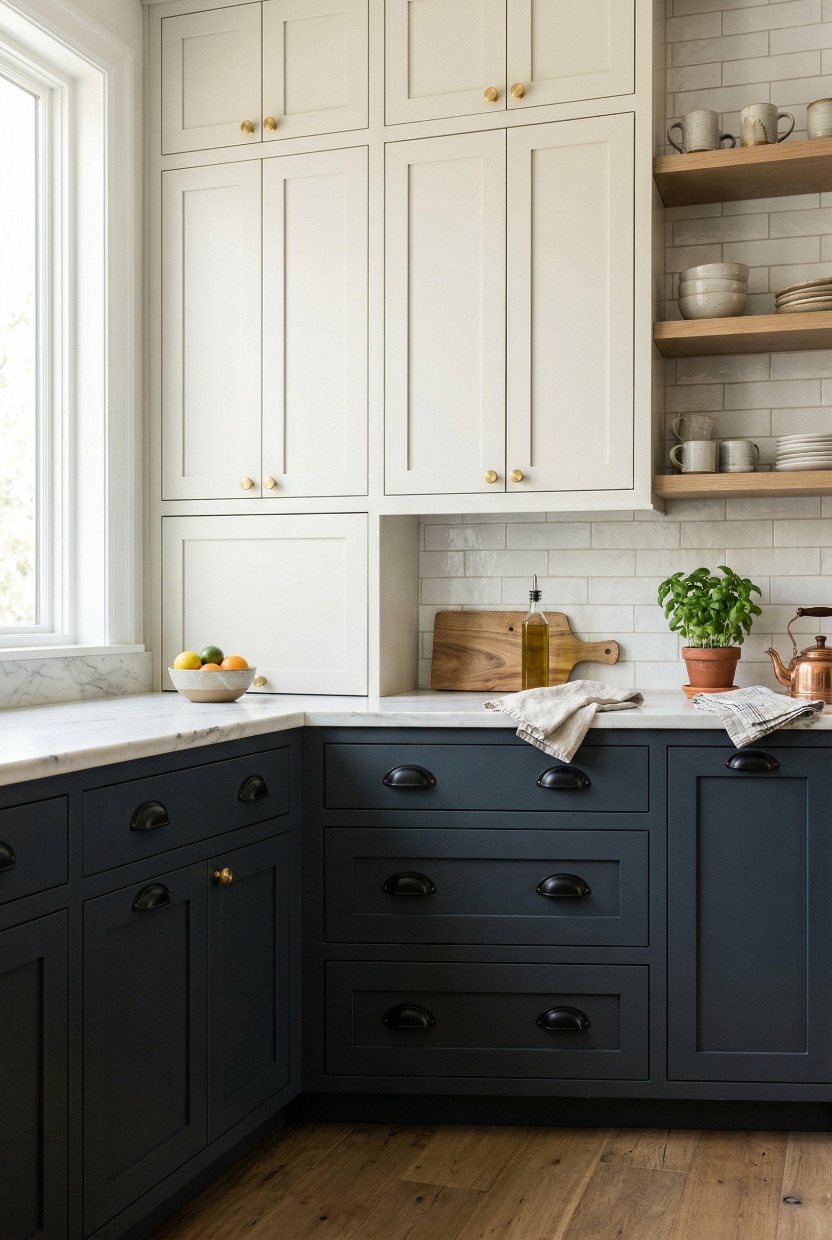 Photorealistic interior photo. Kitchen cabinetry showing matte black cup pulls on lower deep drawers and small knurled gold knobs on the upper doors. Balanced natural light, medium shot. Editorial pho