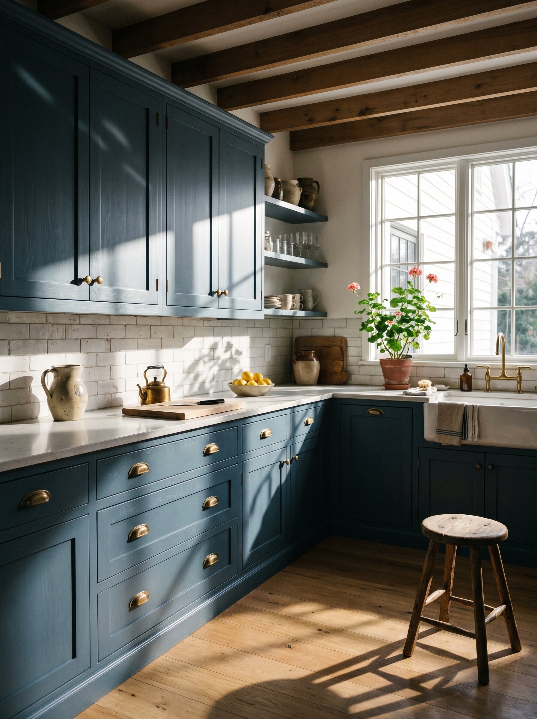 Photorealistic interior photo. Kitchen cabinets painted in a slightly darker, moodier slate French blue, flooded with harsh direct southern sunlight. Dramatic shadows, editorial style.