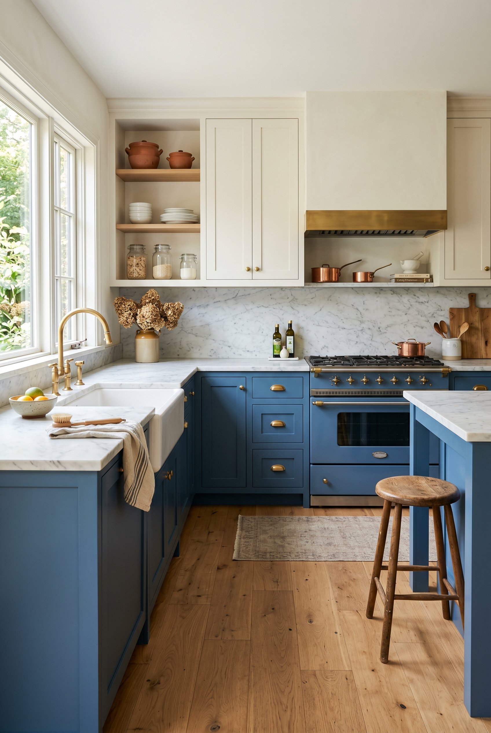 Photorealistic interior photo. Kitchen with French blue lower cabinets and soft white upper cabinets. Brass hardware, light oak floors. Editorial photography style, no people visible.