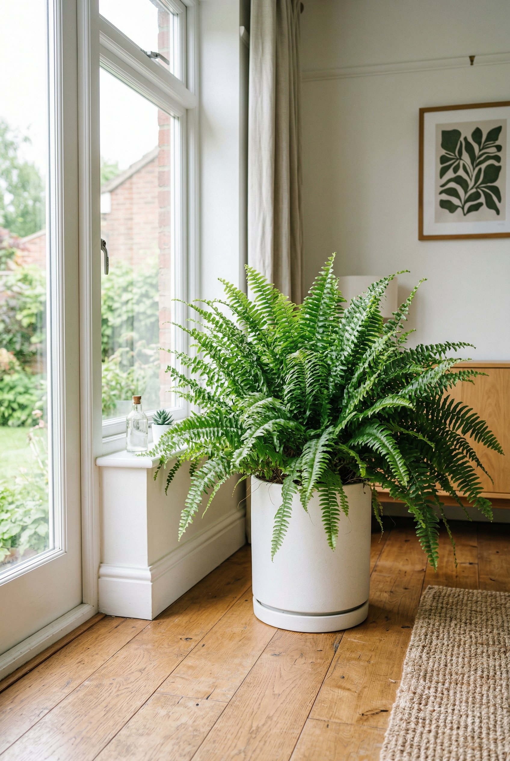 Photorealistic interior photo. Large Boston fern in a minimalist white ceramic pot sitting on a hardwood floor near a window, lush green leaves, bright natural light. Editorial photography style, no p