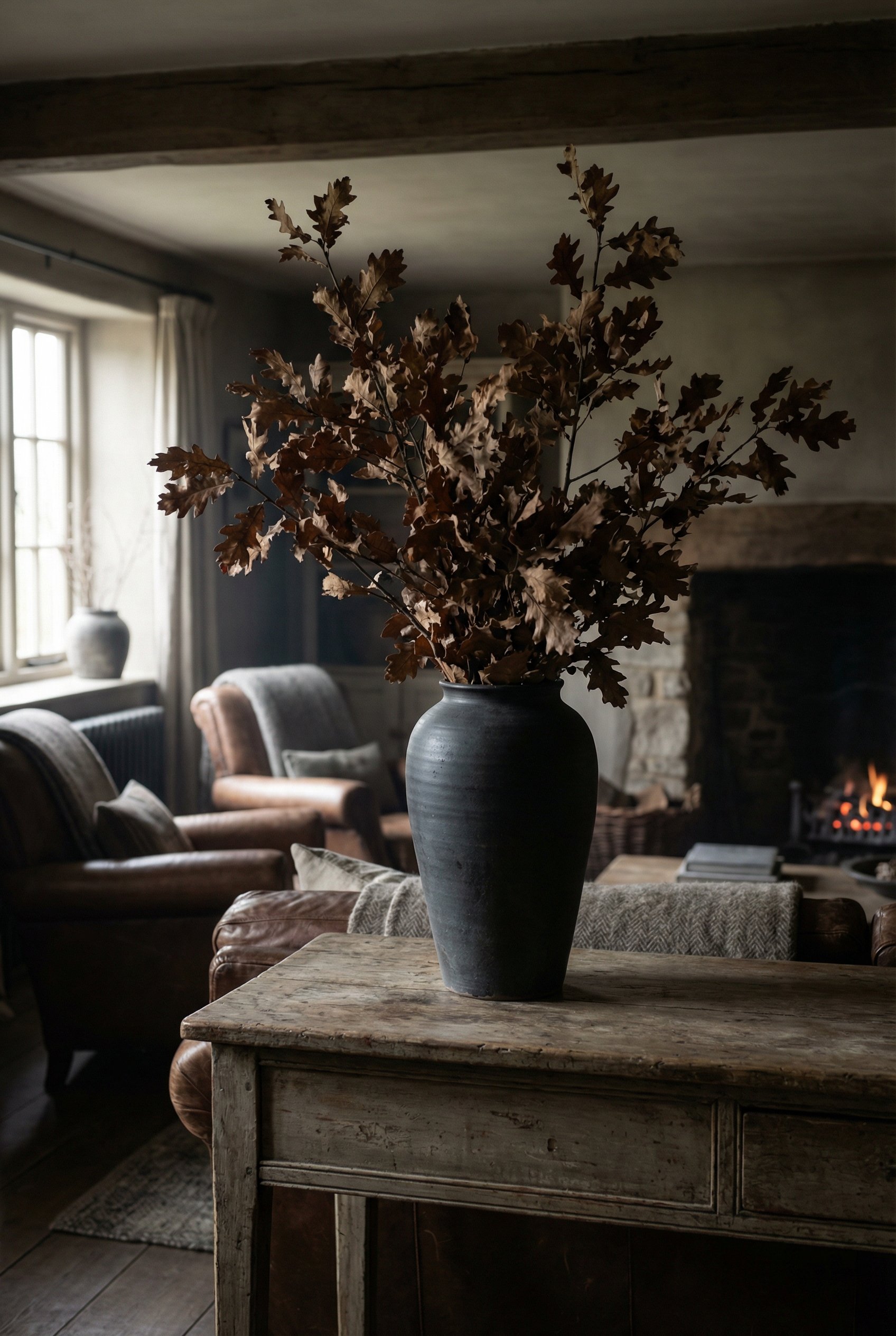 Photorealistic interior photo. Large dark ceramic vase filled with oversized dried oak branches, sitting on a vintage wood console table, moody fall lighting. Editorial photography style, no people vi