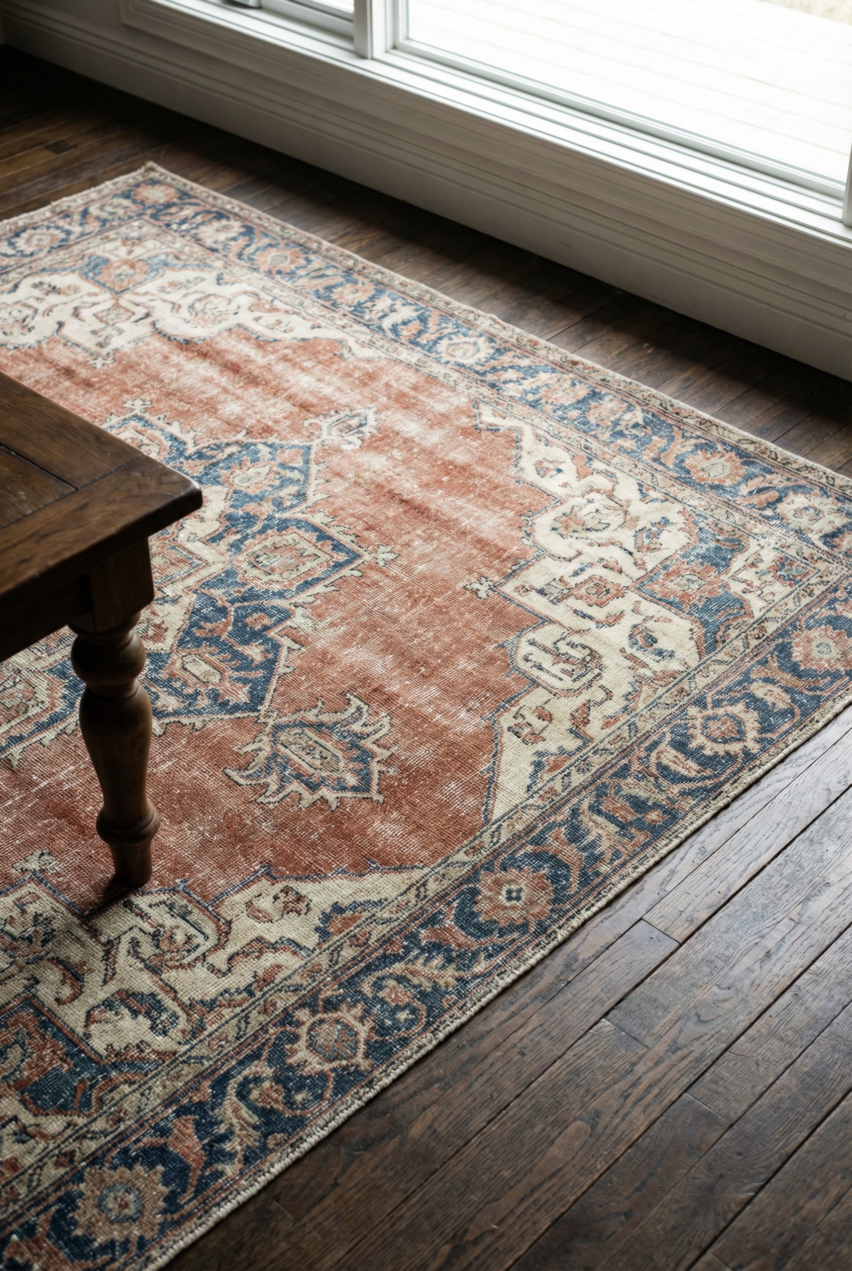 Photorealistic interior photo. Large, faded vintage-style Oushak rug with muted rust, blue, and cream tones on a dark oak hardwood floor. Partial view of a wooden coffee table leg. Overhead angled sho