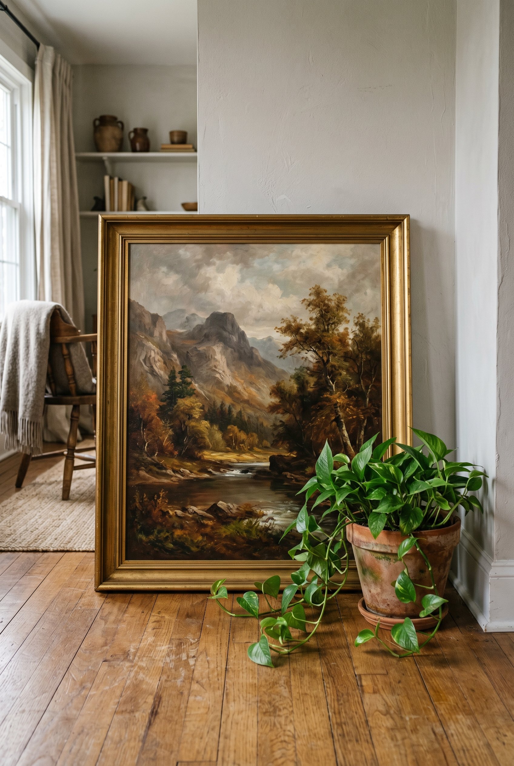 Photorealistic interior photo. Large framed landscape oil painting casually leaning against the wall on a hardwood floor, next to a trailing potted plant, straight-on medium shot. Editorial photograph
