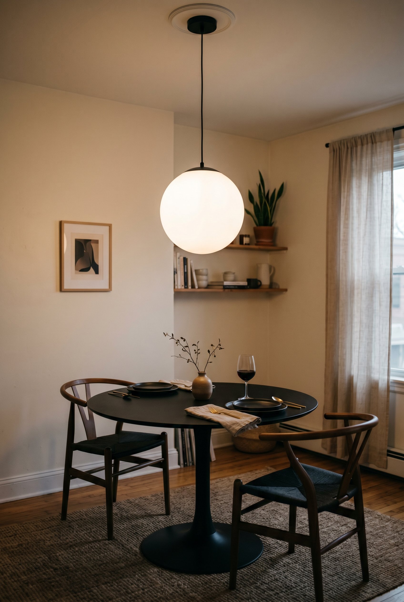 Photorealistic interior photo. Large frosted glass globe pendant light hanging exactly 30 inches above a minimalist round black dining table, moody dramatic lighting, eye-level angle. Editorial photog