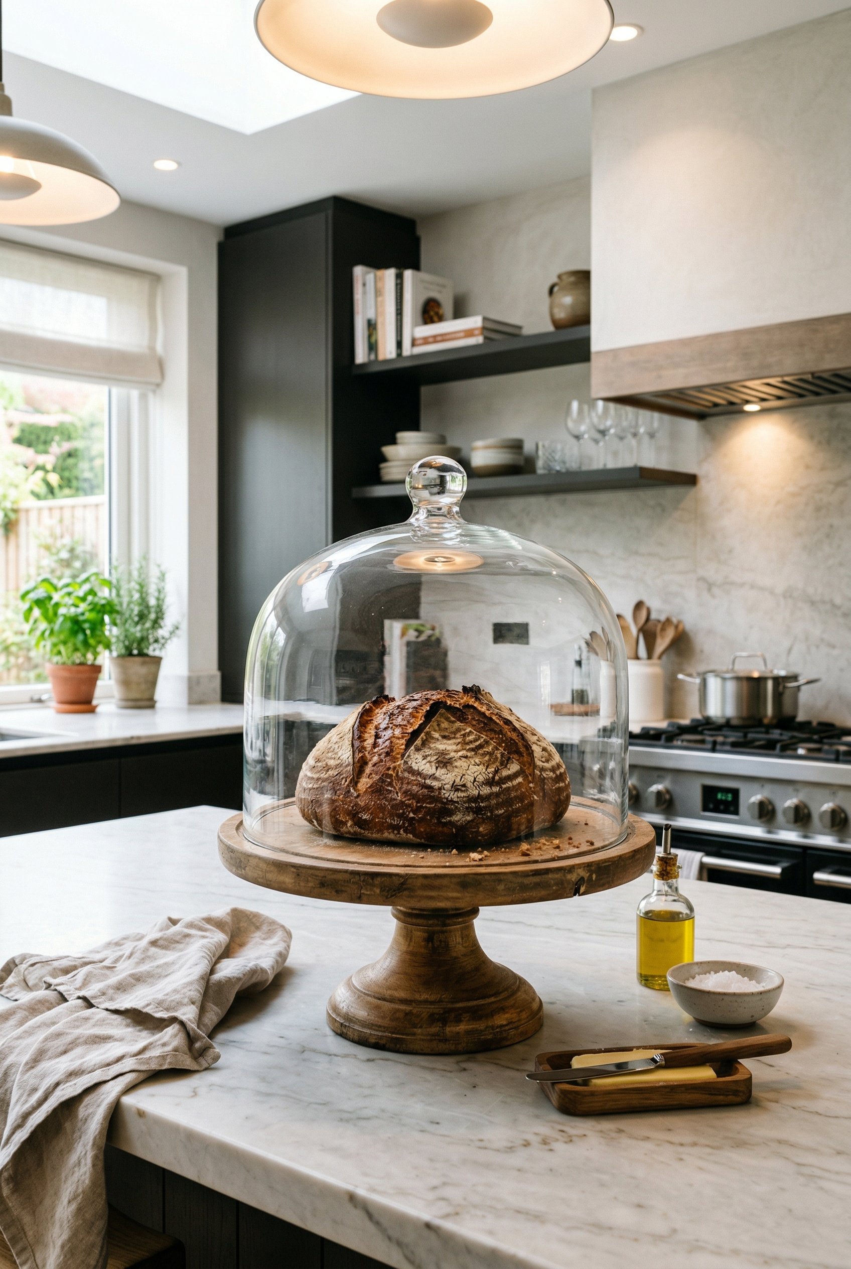 Photorealistic interior photo. Large glass cloche protecting a rustic loaf of sourdough bread on a wooden pedestal cake stand, modern kitchen island setting, bright overhead lighting, eye-level camera