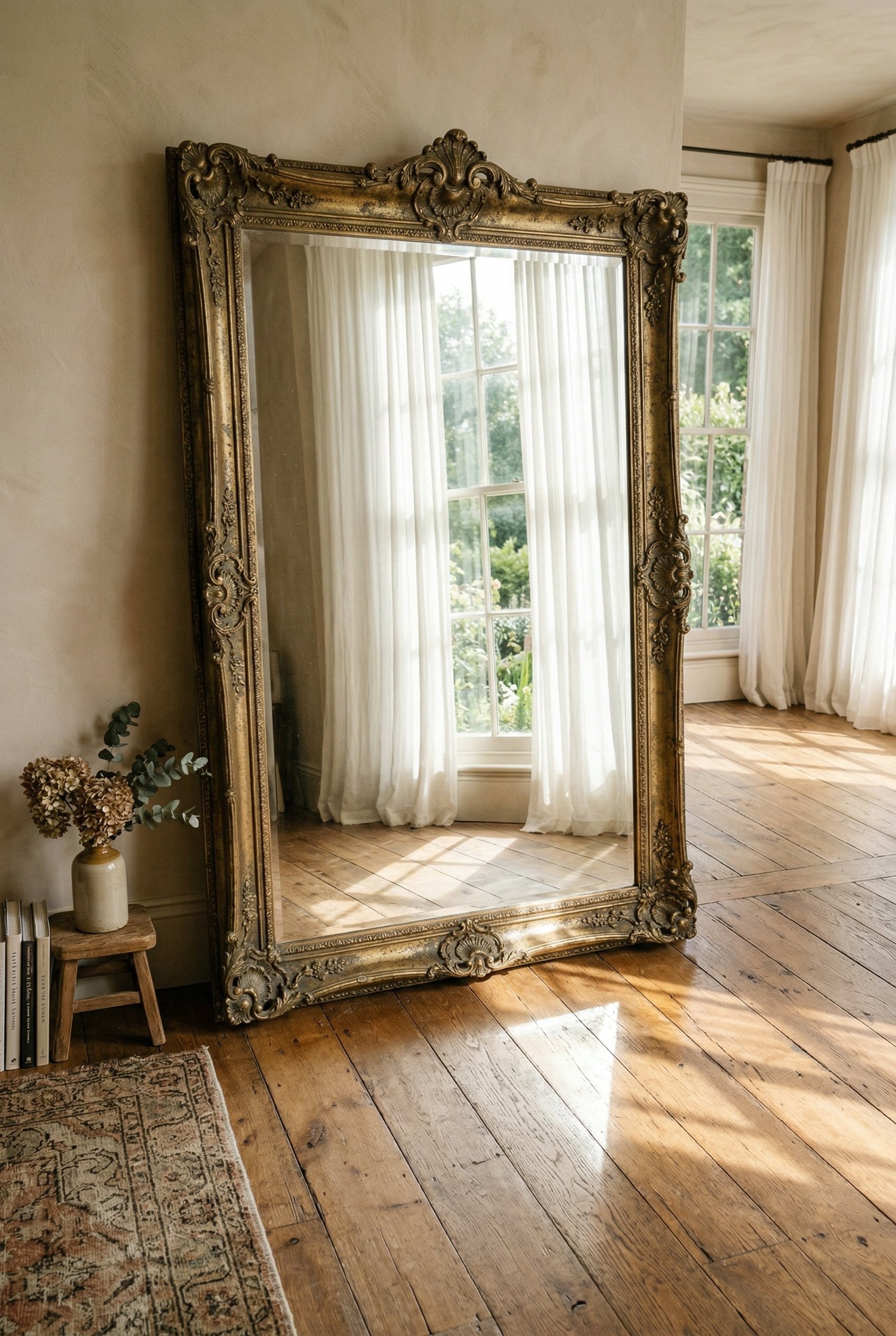 Photorealistic interior photo. Large ornate vintage brass mirror resting on the floor, reflecting a large window with sheer white cotton curtains, sunbeams across a hardwood floor. Editorial photograp