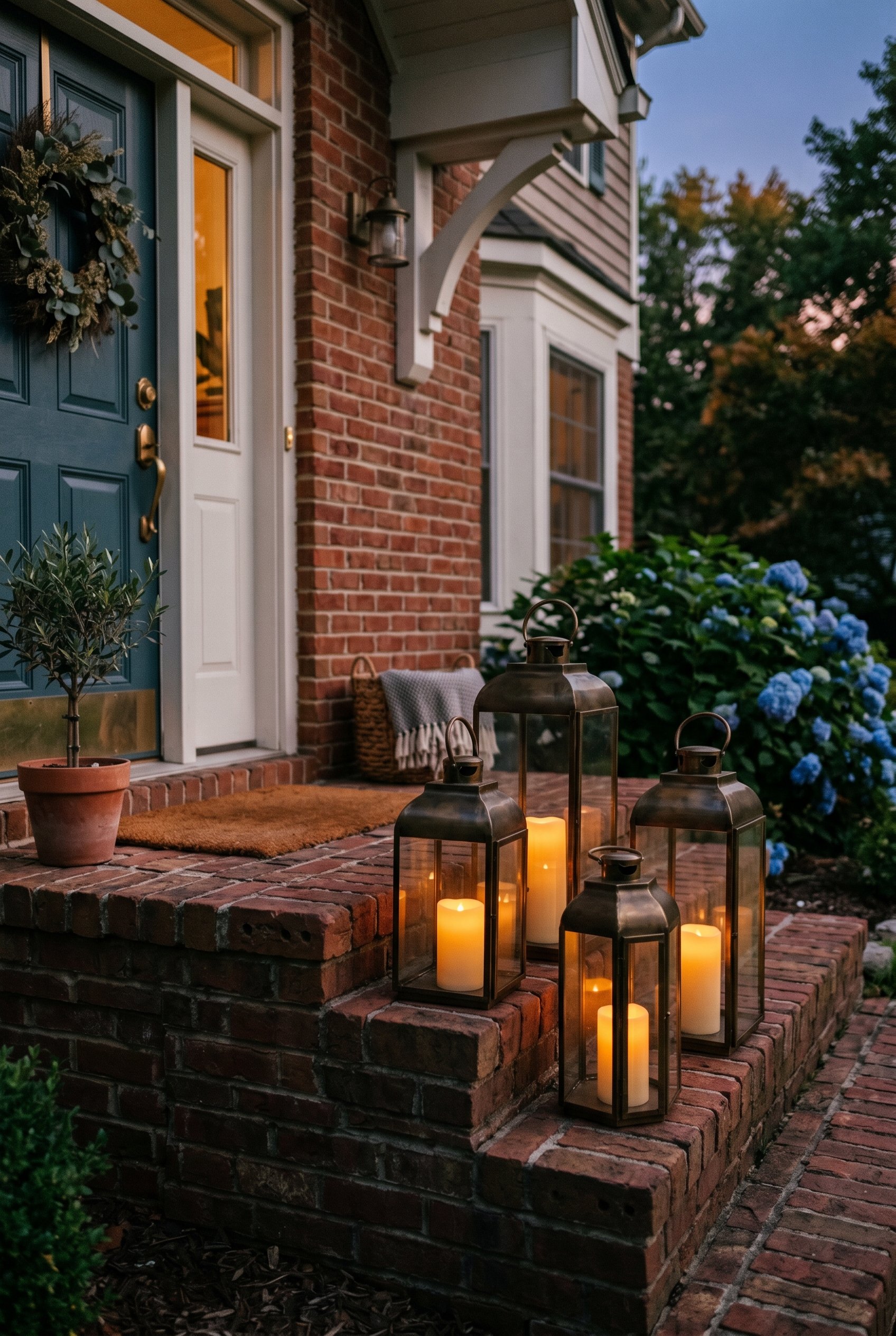 Photorealistic interior photo. Large oversized brass lanterns clustered on brick porch steps, glowing flameless pillar candles inside. Twilight lighting, warm ambient glow, editorial photography style