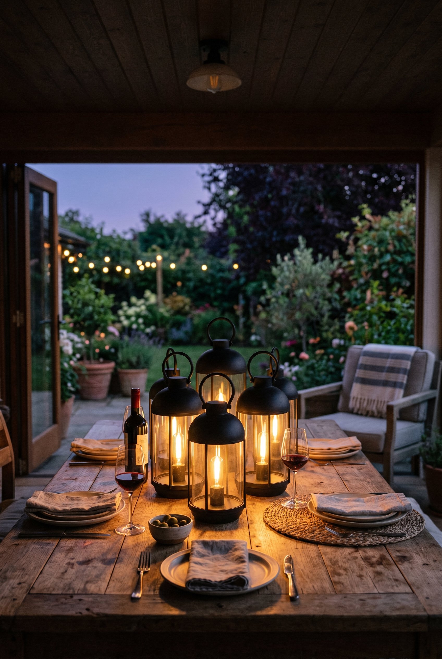 Photorealistic interior photo. Large rechargeable matte black LED lanterns clustered on an outdoor wooden dining table. Twilight lighting with a warm glow from the lanterns. Editorial photography styl