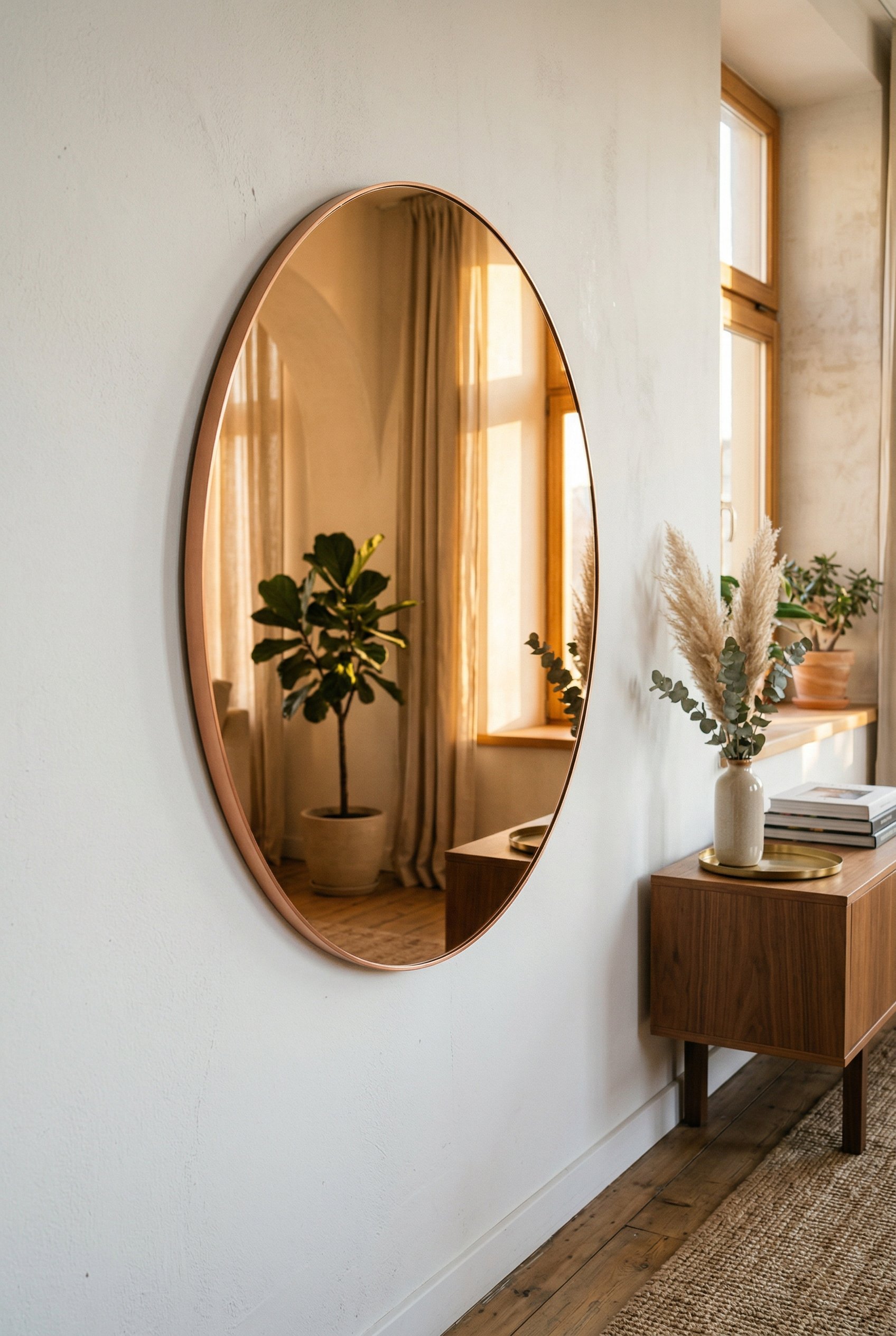 Photorealistic interior photo. Large round mirror with a very thin copper metal frame hanging on a white wall, catching golden hour sunlight, slightly angled side view. Editorial photography style, no