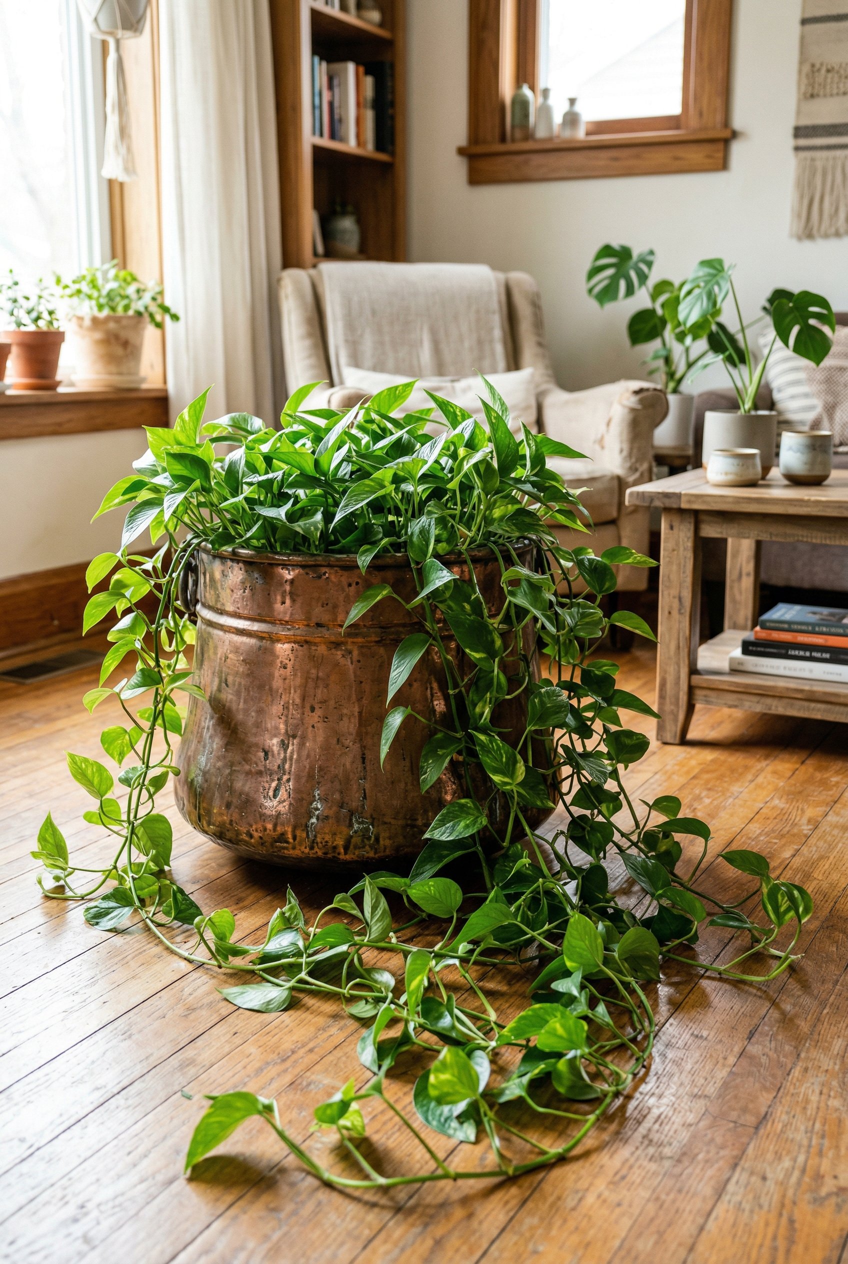 Photorealistic interior photo. Large trailing Pothos plant cascading out of an aged, slightly tarnished vintage copper cauldron sitting on a hardwood floor, bright indirect sunlight, eye-level angle. 