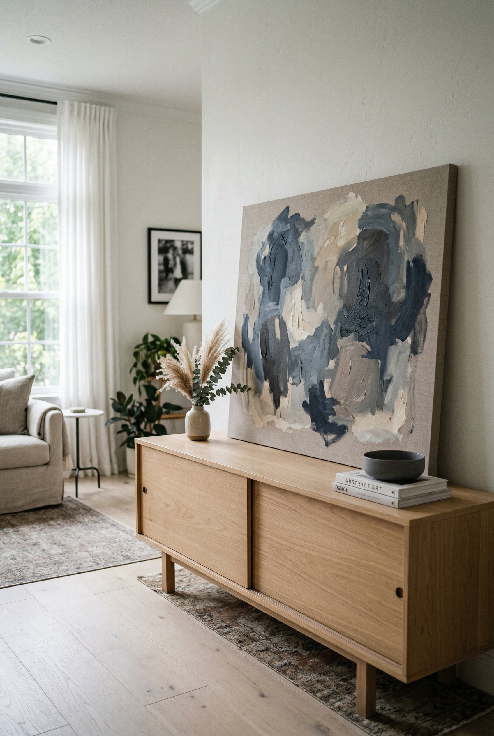 Photorealistic interior photo. Large unframed abstract painting leaning on a light wood credenza, muted navy and gray tones, soft diffused lighting, angled view. Editorial photography style, no people