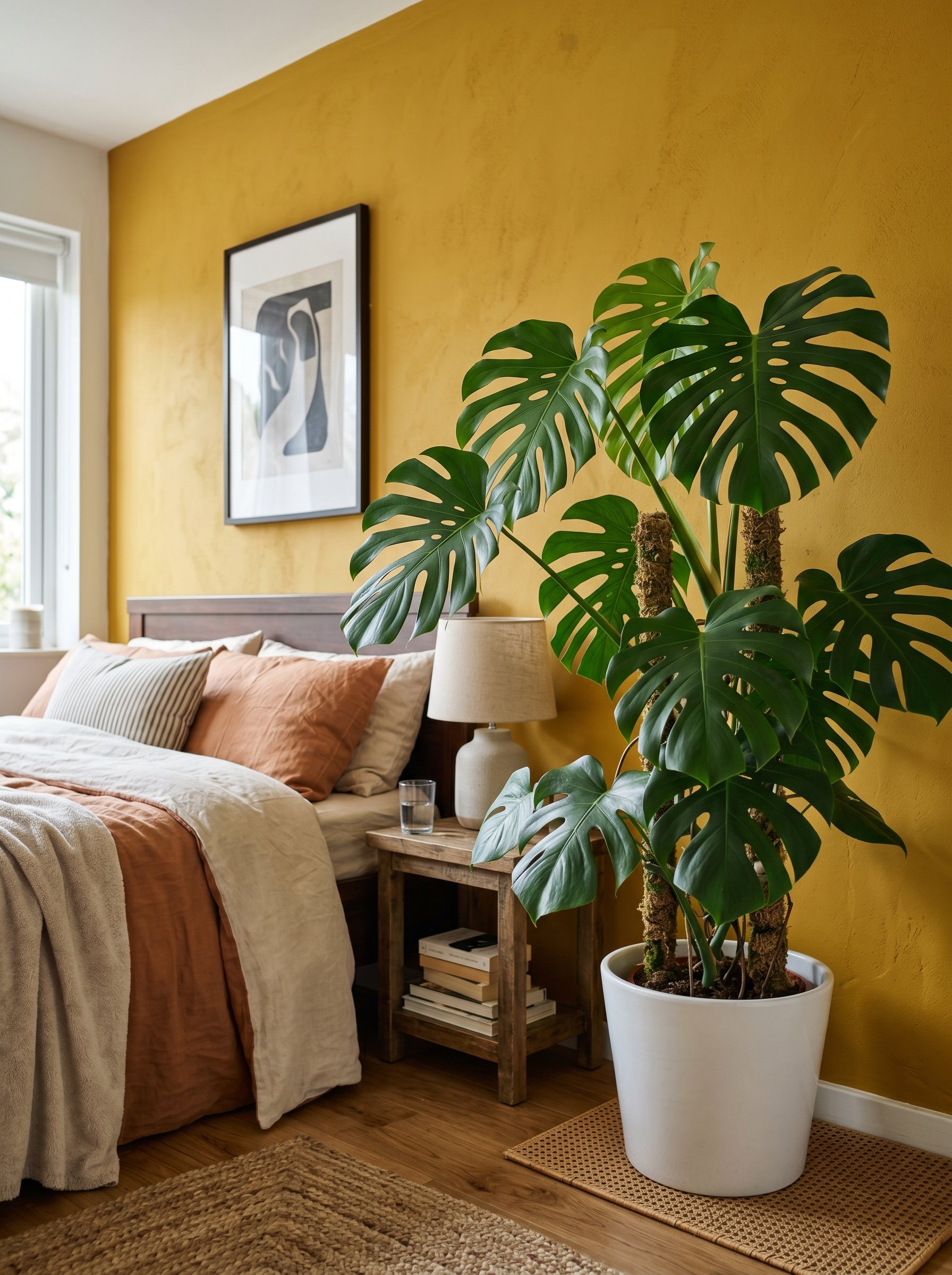 Photorealistic interior photo. Large, vibrant green Monstera plant in a simple white pot sitting against a deep mustard yellow bedroom wall. Editorial photography style, sharp color contrast, no peopl