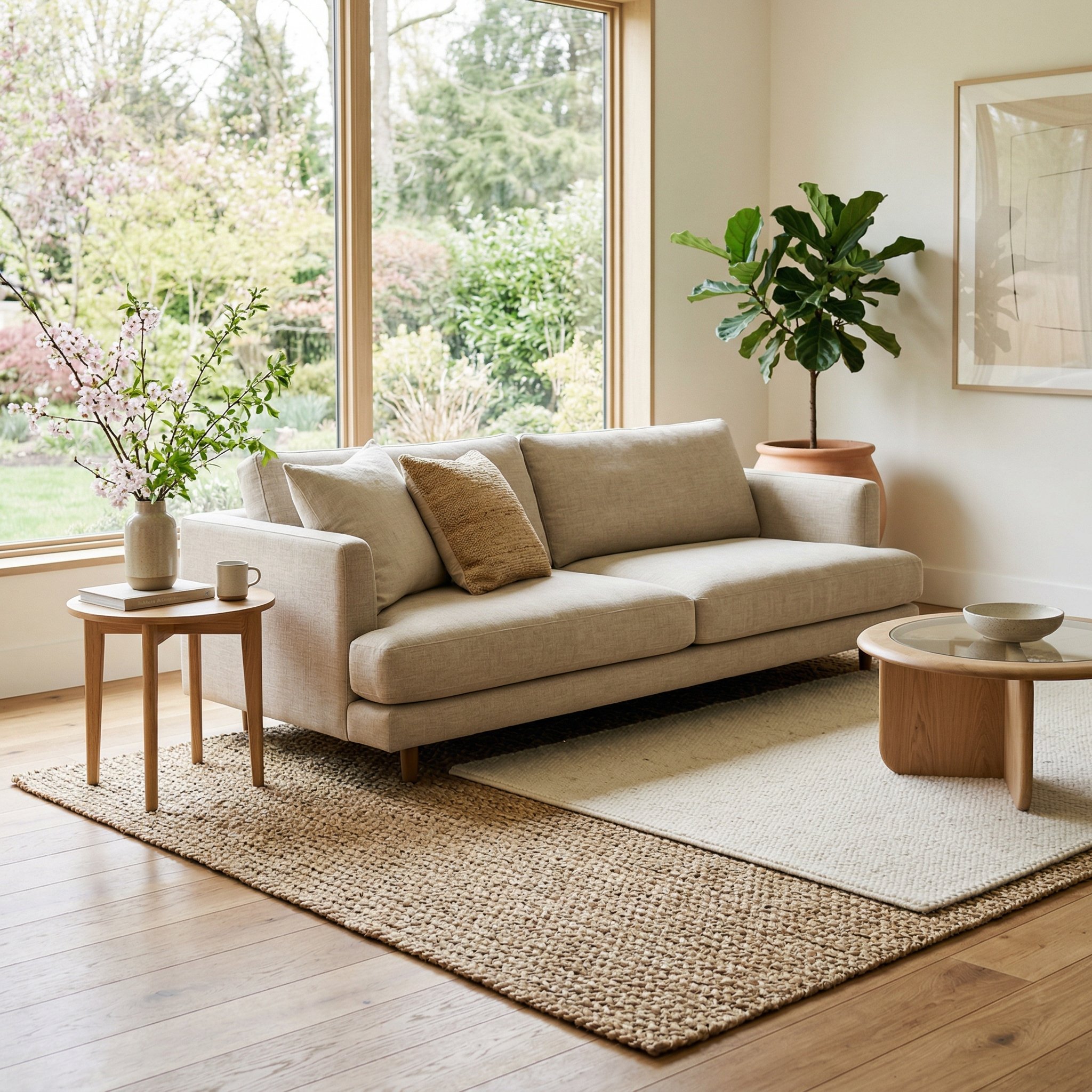 Photorealistic interior photo. Large woven seagrass rug layered under a modern minimalist sofa, natural textures, bright spring lighting. Editorial photography style, no people visible.