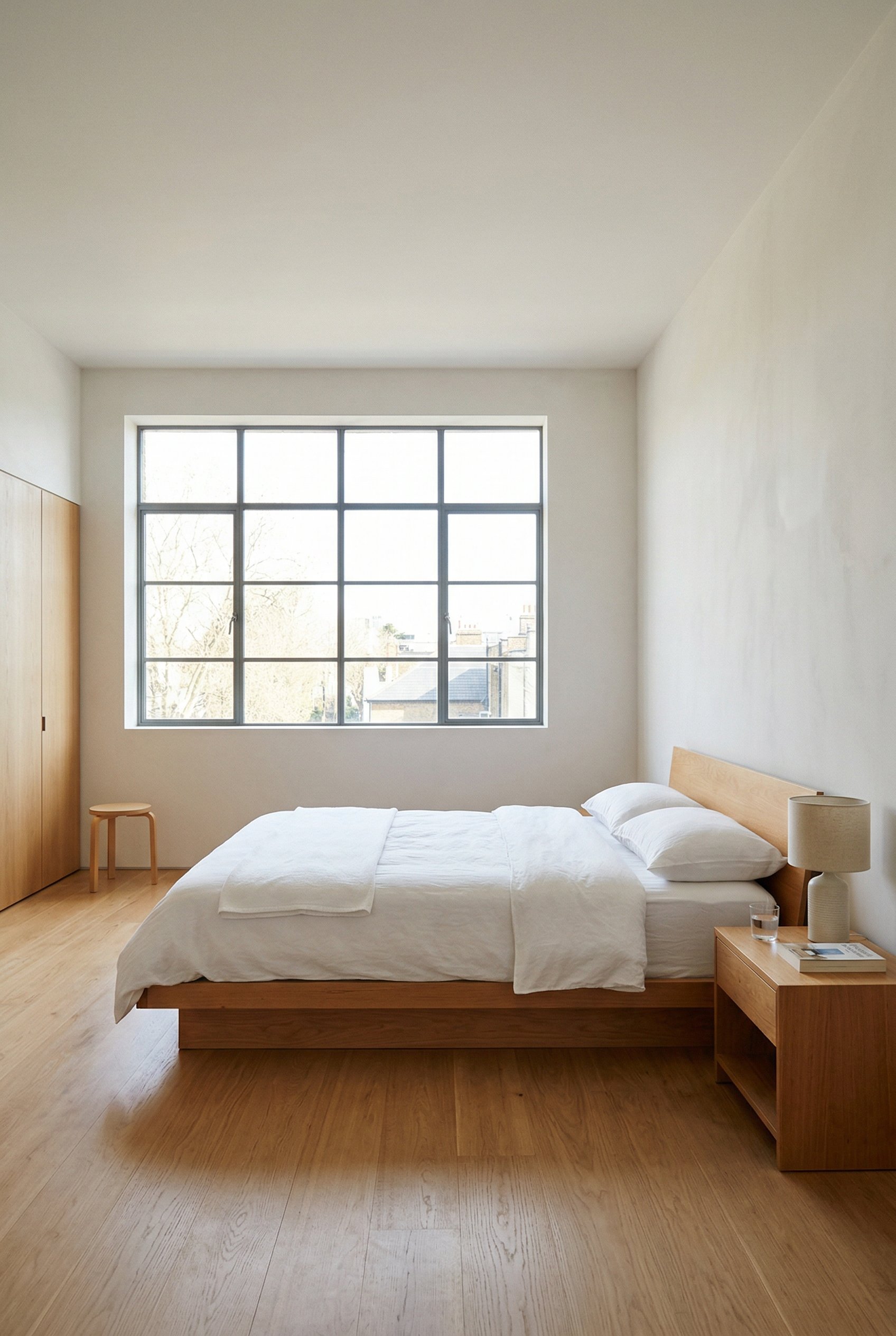 Photorealistic interior photo. Late-90s minimalist bedroom, low platform bed in warm wood, zero window treatments, completely bare off-white walls, stark clean lines, bright natural sunlight, wide ang