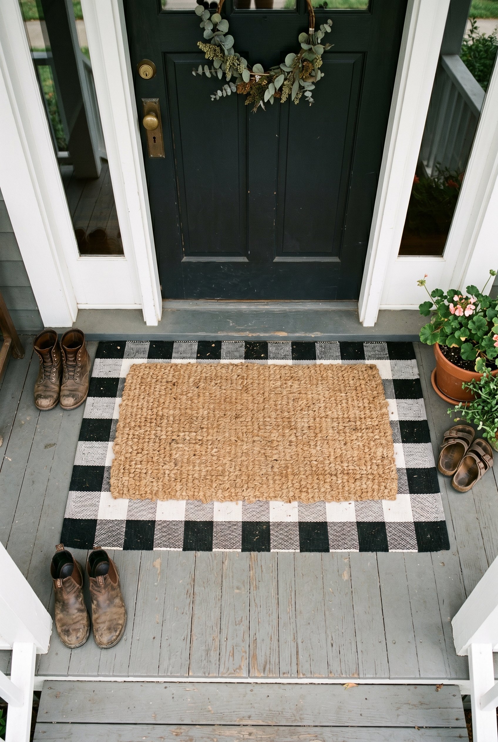 Photorealistic interior photo. Layered doormats on a porch, featuring a black-and-white buffalo check rug under a thick natural coir mat. Top-down camera angle, natural outdoor lighting, editorial pho
