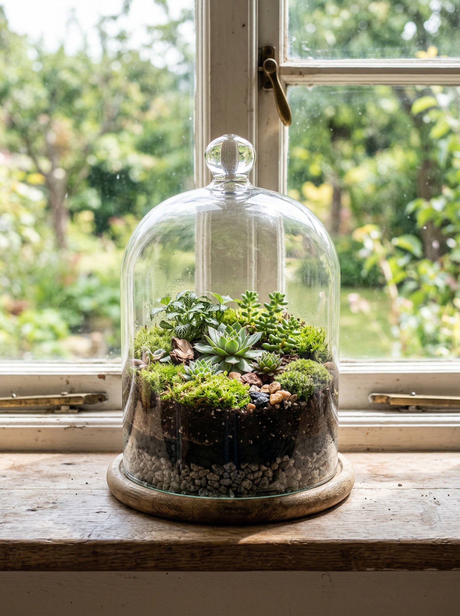 Photorealistic interior photo. Live terrarium inside a glass cloche showing visible layers of charcoal and gravel below green moss and succulents, resting on a windowsill, bright daylight, close-up ca