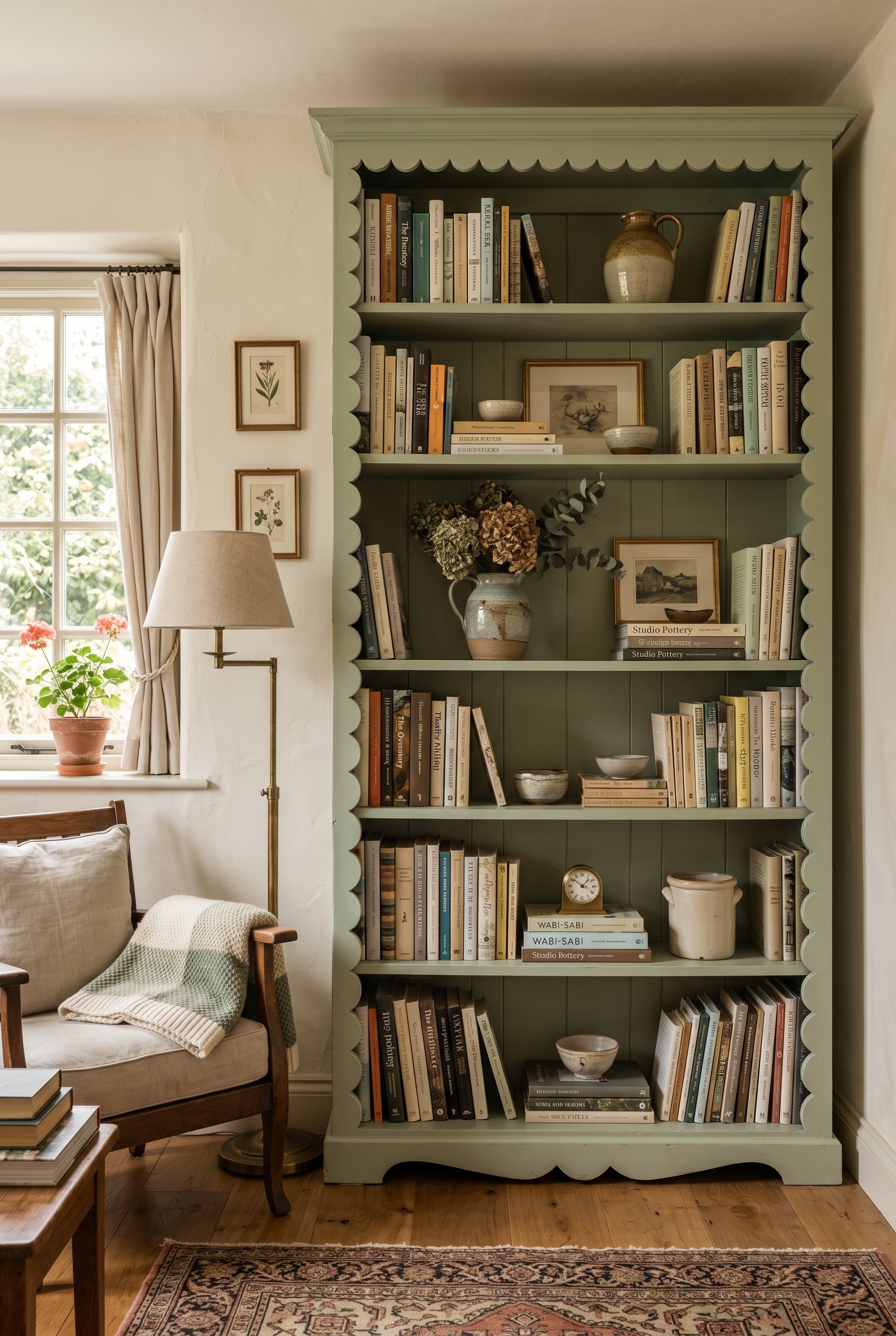 Photorealistic interior photo. Living room corner featuring a tall wooden bookcase painted soft sage green with DIY scalloped trim down the vertical edges. Books and ceramics neatly arranged. Soft aft