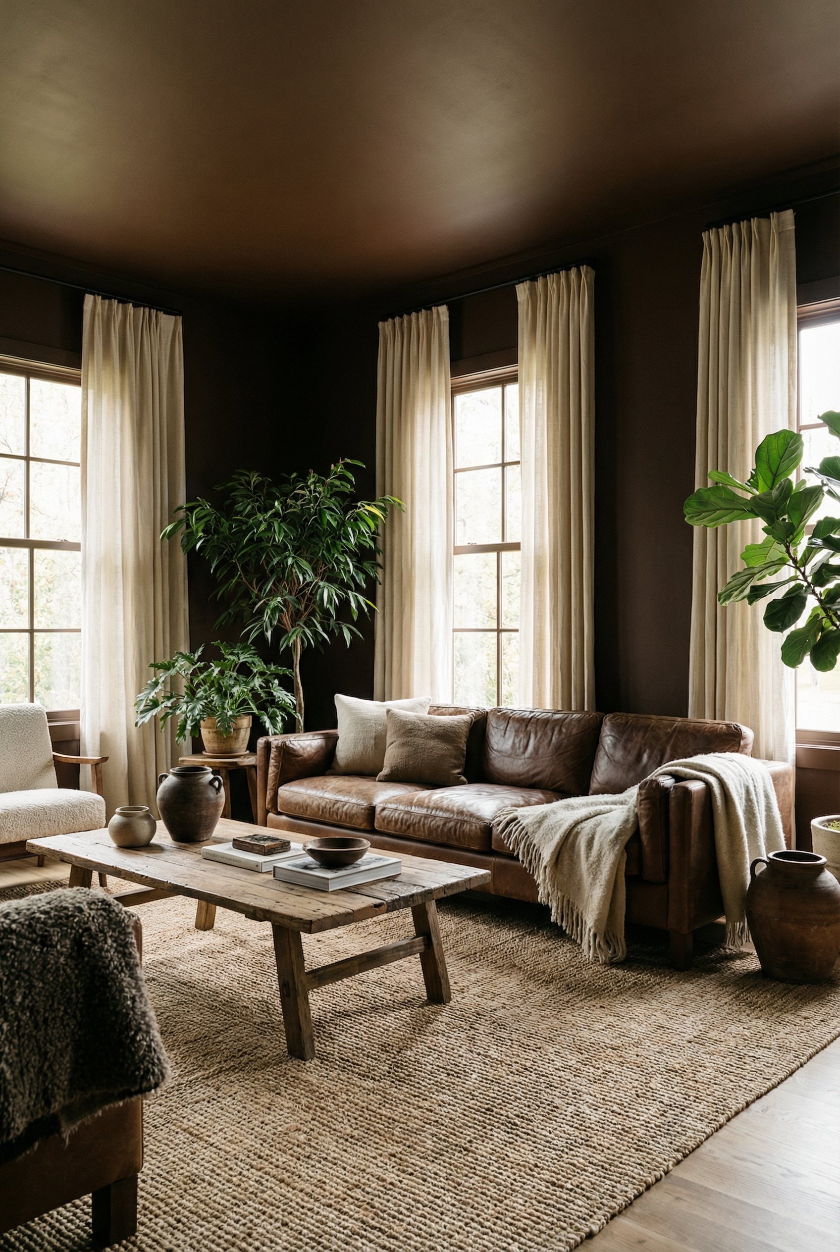 Photorealistic interior photo. Living room drenched in chocolate brown paint on walls and ceiling, cream linen curtains, earthy vibe, natural window light. Editorial photography style, no people visib