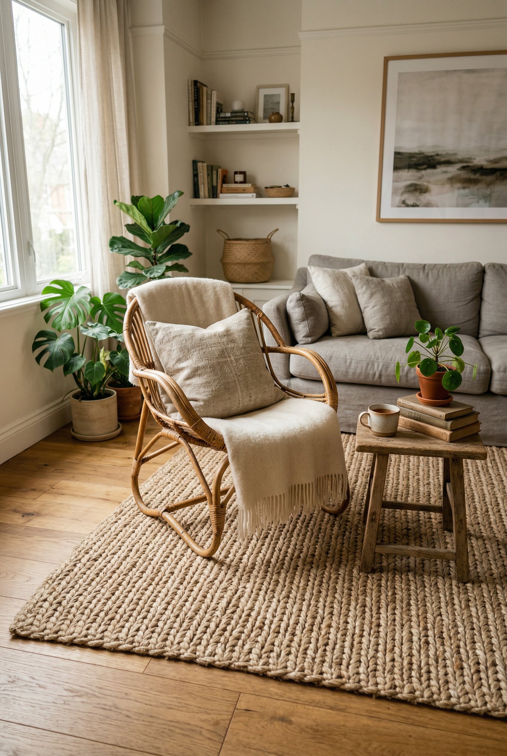 Photorealistic interior photo. Living room floor showing a chunky natural jute rug layered under a vintage rattan accent chair, soft lighting, eye-level angle. Editorial photography style, no people v