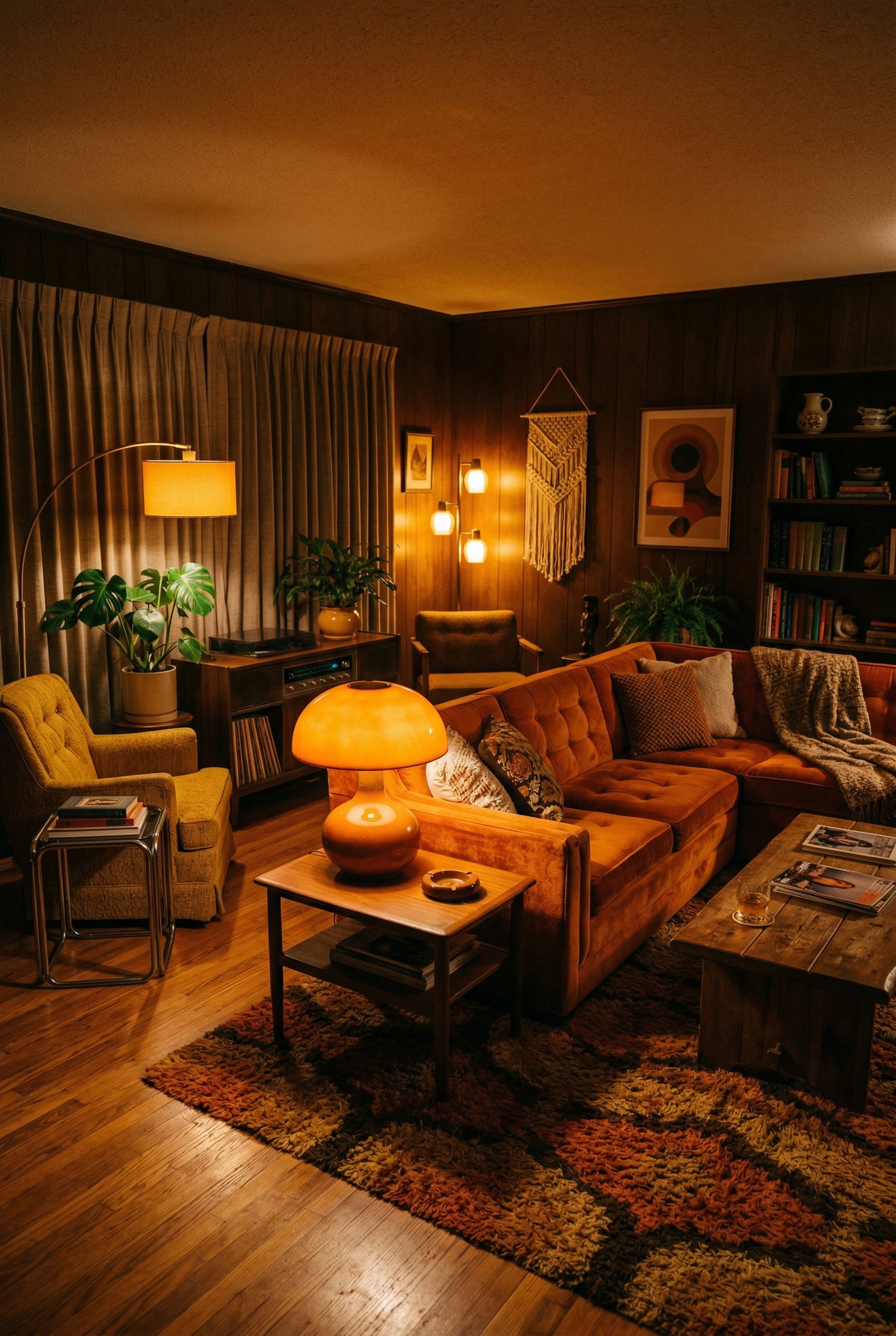 Photorealistic interior photo. Living room illuminated entirely by warm 2200K amber lighting from low floor lamps and a vintage mushroom table lamp, moody 1970s atmosphere, wide shot. Editorial photog