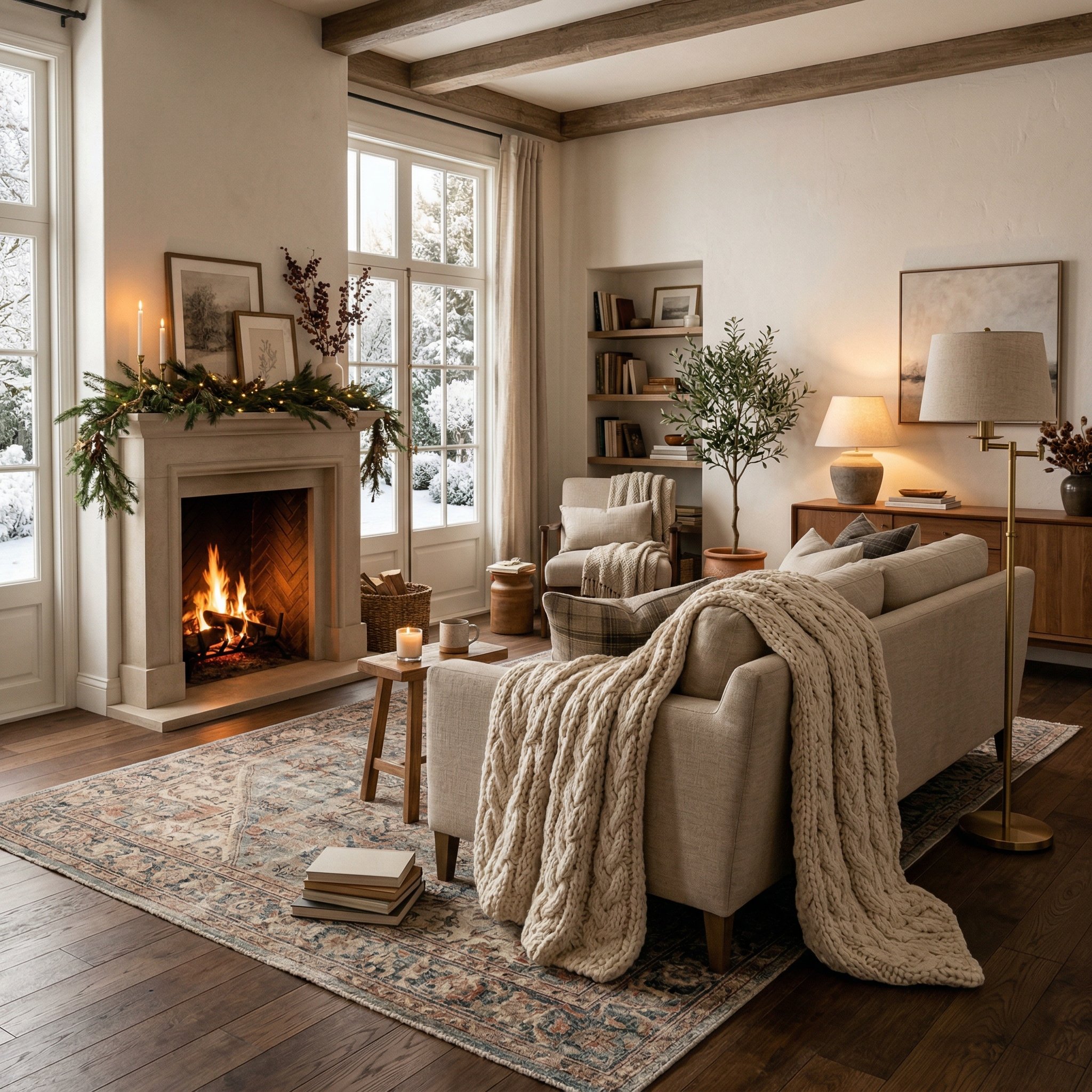 Photorealistic interior photo. Living room styled for winter with a heavy cream cable knit throw on a linen sofa, layered vintage muted rug, warm ambient lighting, wide angle. Editorial photography st