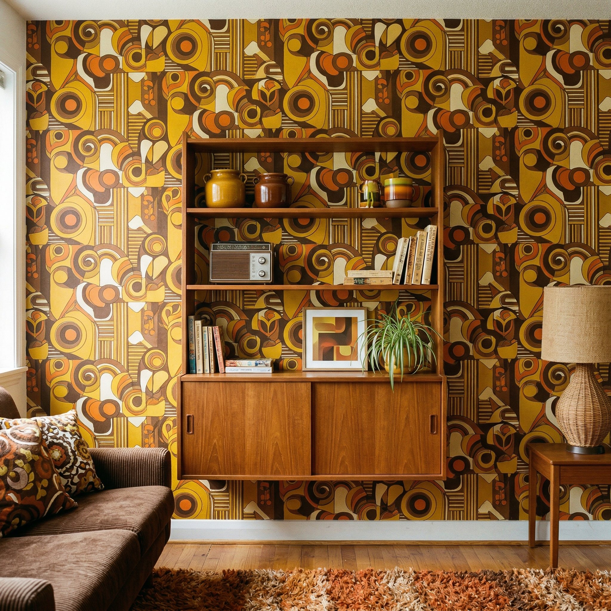 Photorealistic interior photo. Living room wall covered in loud 1970s geometric wallpaper in mustard and brown tones, featuring a simple teak shelving unit, straight-on medium shot. Editorial photogra