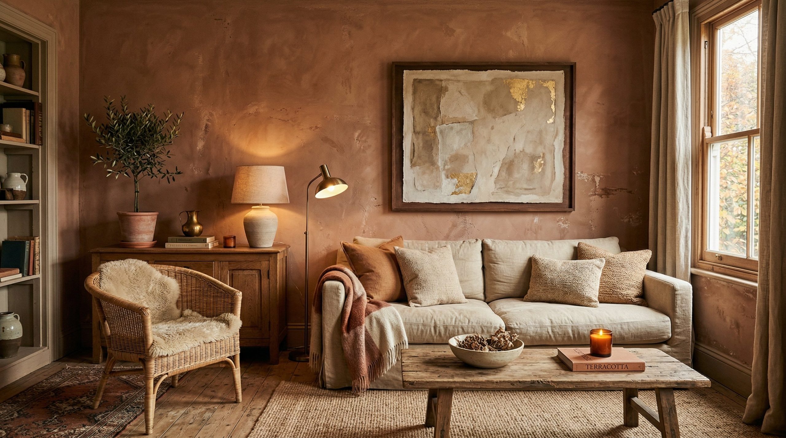 Photorealistic interior photo. Living room wall painted in a chalky, muddy terracotta color, textured plaster finish, warm ambient lighting. Editorial photography style, no people visible.