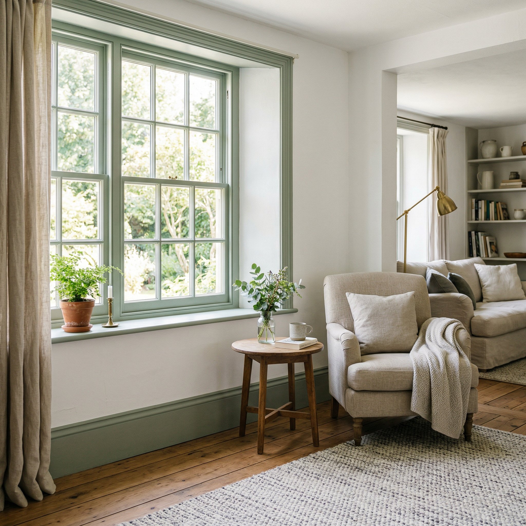 Photorealistic interior photo. Living room window trim and baseboards painted a soft, dusty sage green, contrasting with crisp white walls, bright daylight. Editorial photography style, no people visi