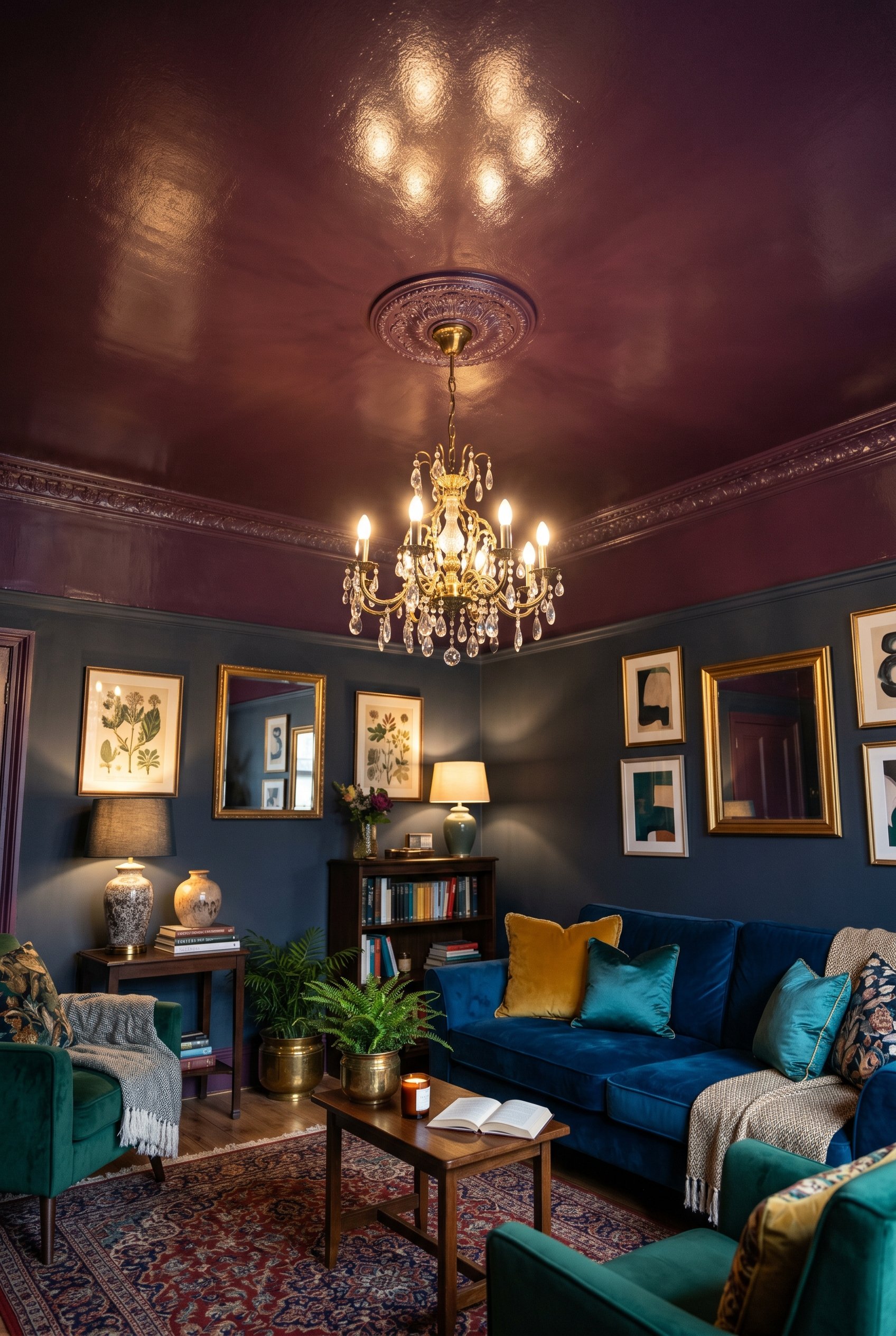 Photorealistic interior photo. Living room with a high-gloss deep plum painted ceiling, ornate chandelier, jewel-toned decor, dramatic moody lighting, upward facing camera angle. Editorial photography