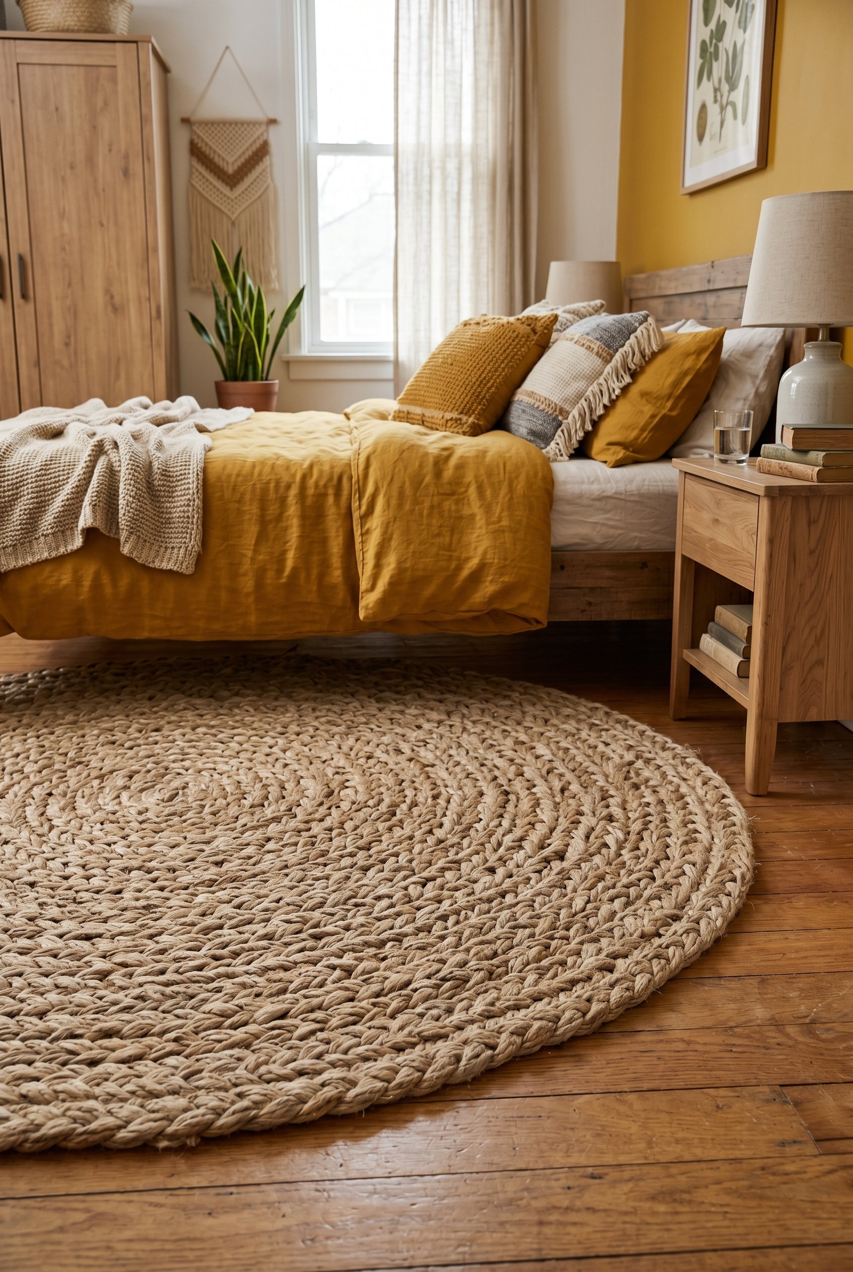 Photorealistic interior photo. Low angle bedroom shot showing a thick, braided natural jute rug on a hardwood floor, with mustard yellow accents in the background. Editorial photography style, heavy t
