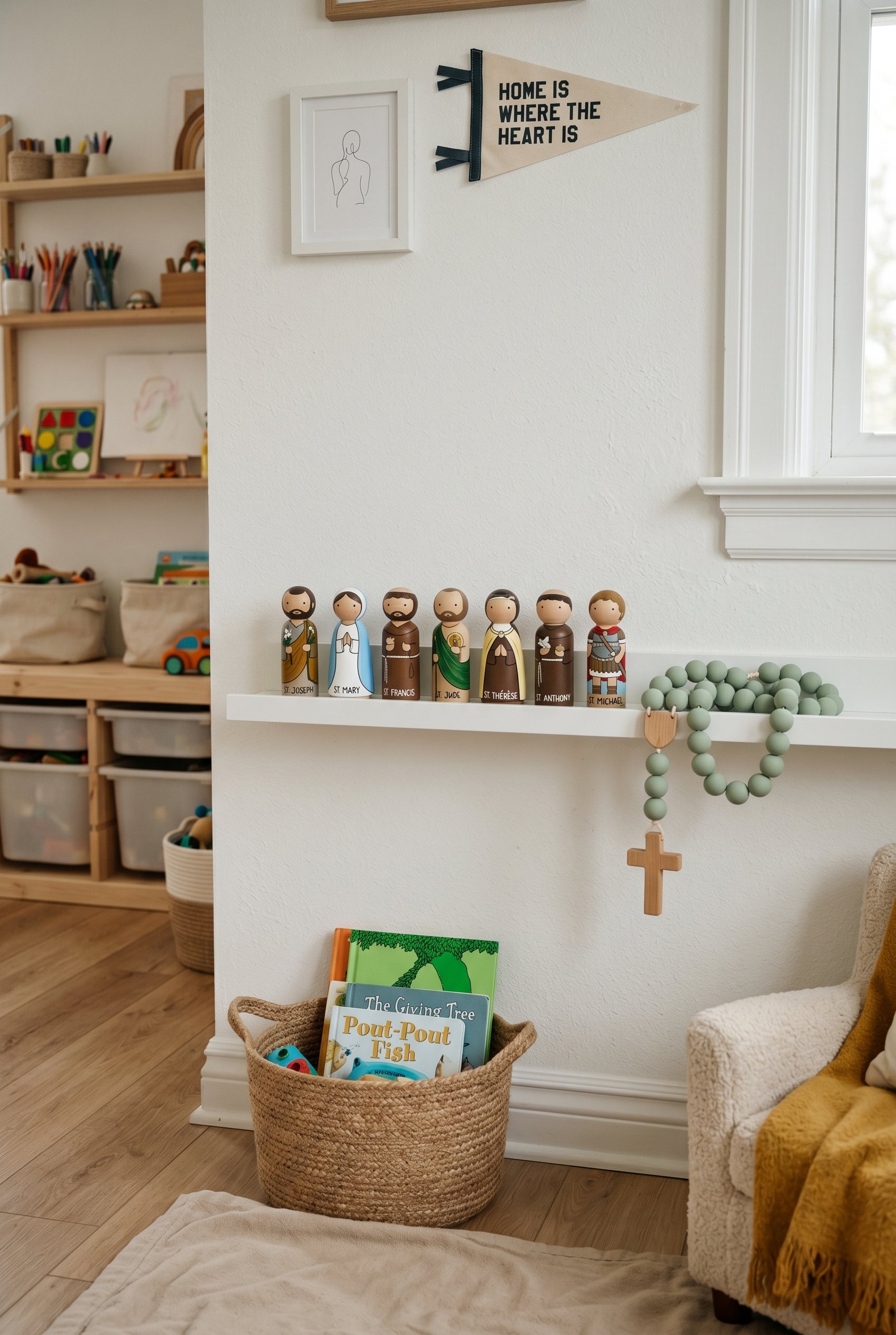 Photorealistic interior photo. Low IKEA picture ledge on a white wall in a modern playroom. Styled with wooden saint peg dolls and a large silicone rosary. Bright natural light, editorial photography 