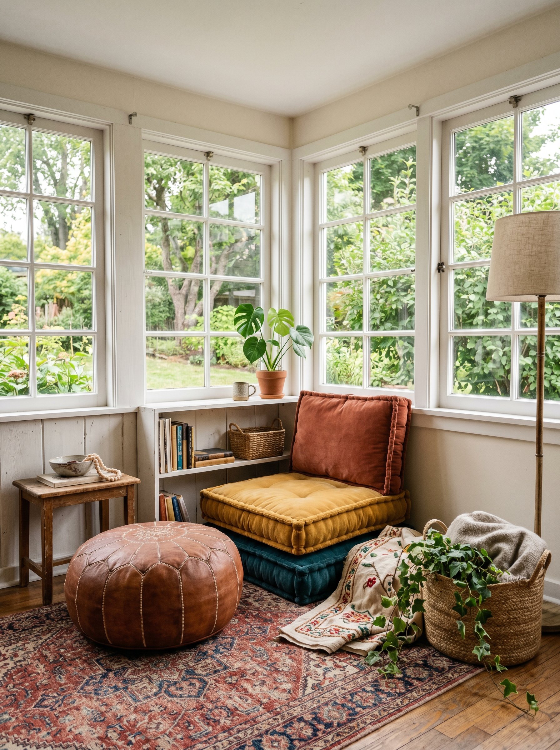 Photorealistic interior photo. Low-slung seating arrangement in a sunroom corner, oversized brown leather Moroccan poufs and stacked chunky velvet floor cushions on a patterned rug. Editorial photogra