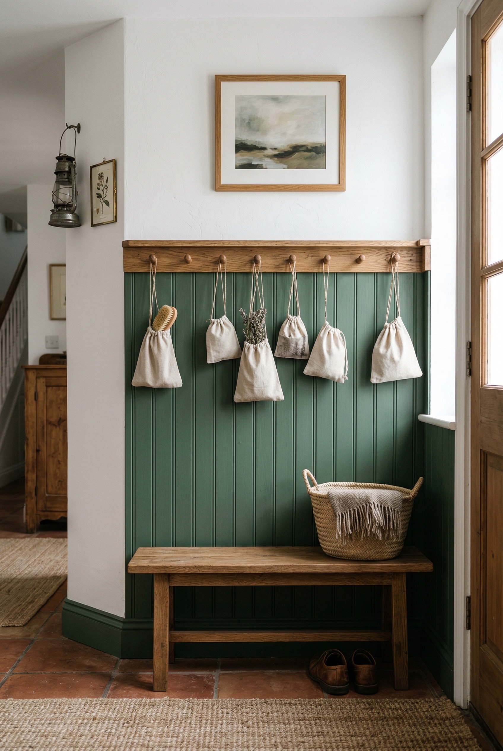 Photorealistic interior photo. Lower half-wall covered in forest green beadboard, capped with wood trim featuring shaker pegs, hanging tiny canvas bags, crisp white upper wall. Editorial photography s